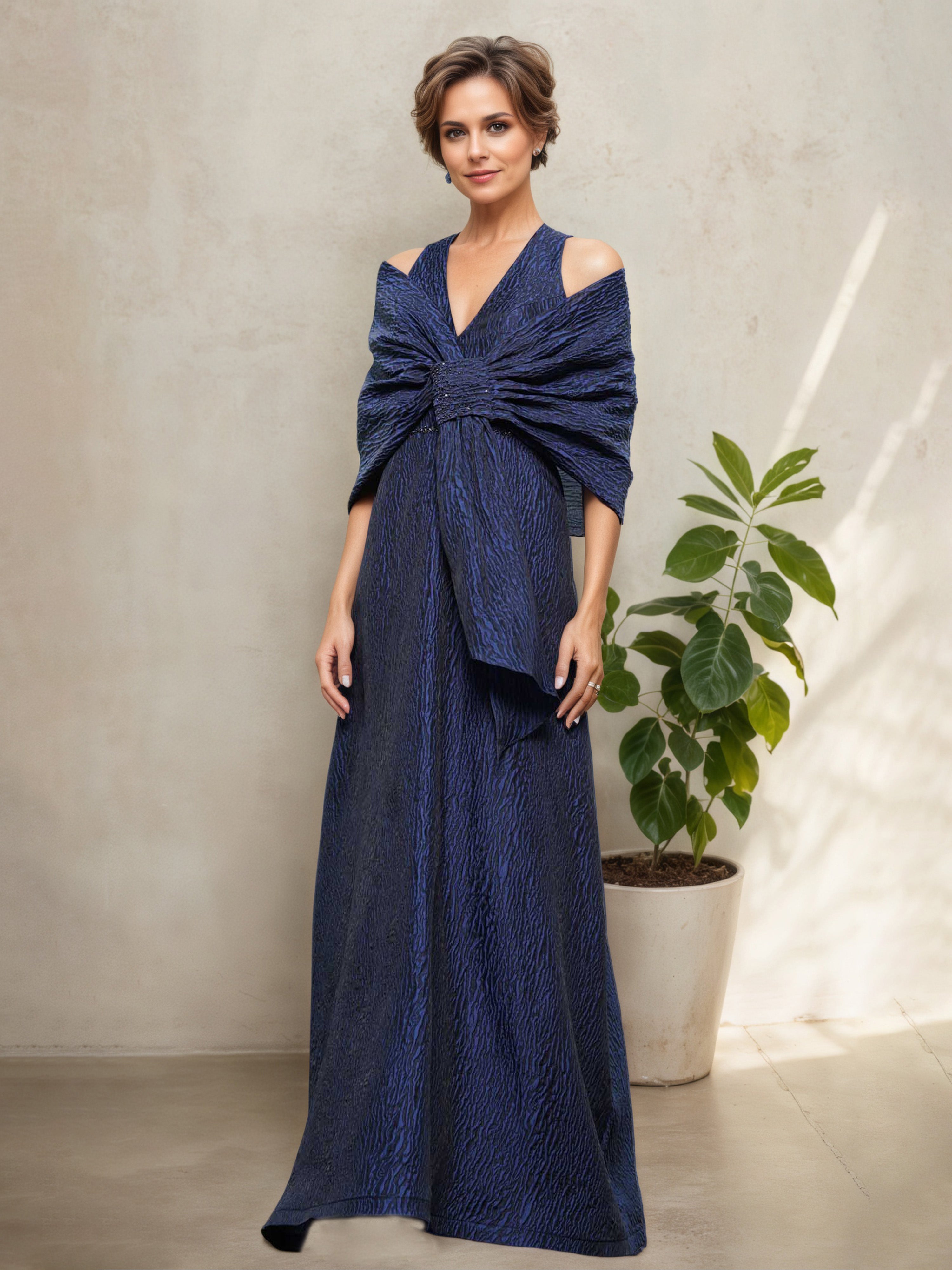 Robe Mère de la Mariée Bleu Marine Foncé à Décolleté en V avec Manches et Châle