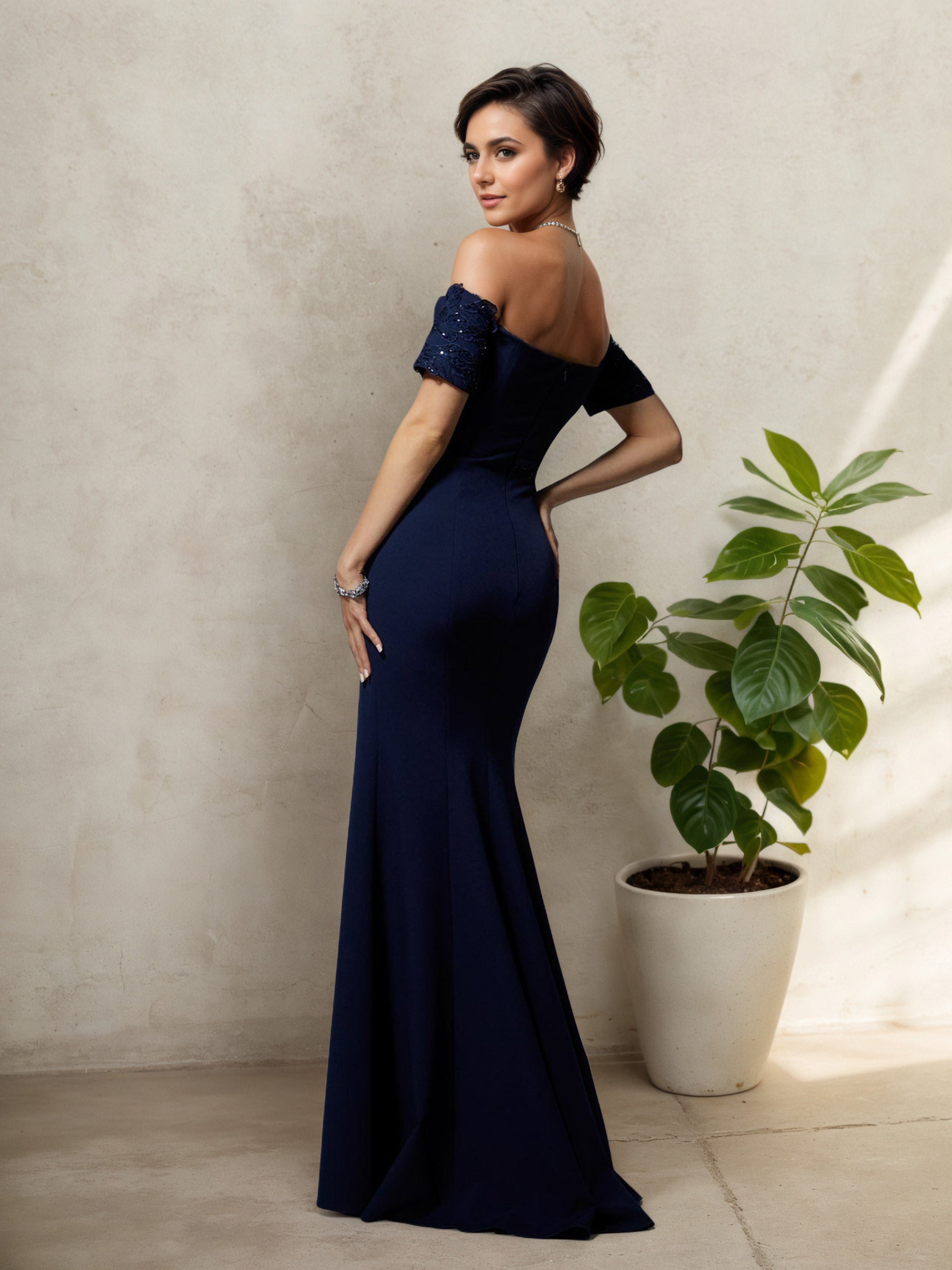 Robe Mère de la Mariée BLEU_MARINE Trompette/Sirène Sans Bretelles à Illusion avec Épaules Dénudées
