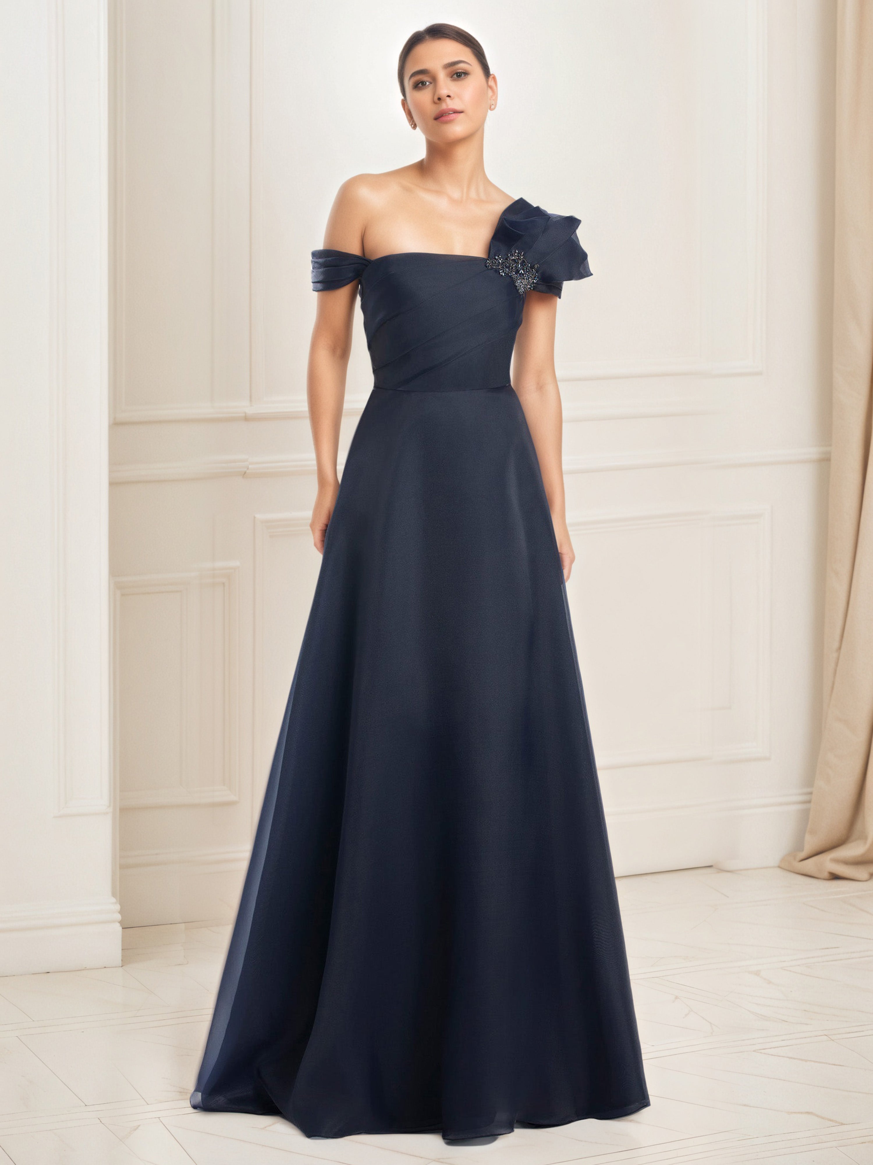 Robe de Bal BLEU_MARINE A-Line à Une Épaule avec Bustier Plissé et Broderies