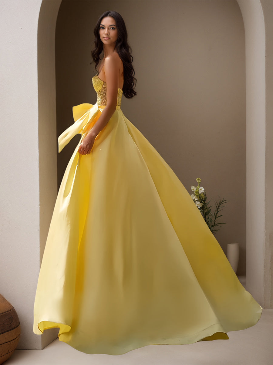Cicinia Jaune Robe de Soirée Longue en Satin A-Line Longueur Sol Perlé Décolleté Cœur avec Nœud Papillon
