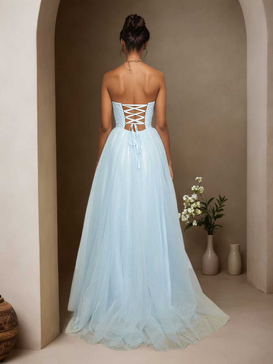 Cicinia BLEU_CIEL Robe de Soirée Longue en Tulle A-Line sans Bretelles Traîne Balayée