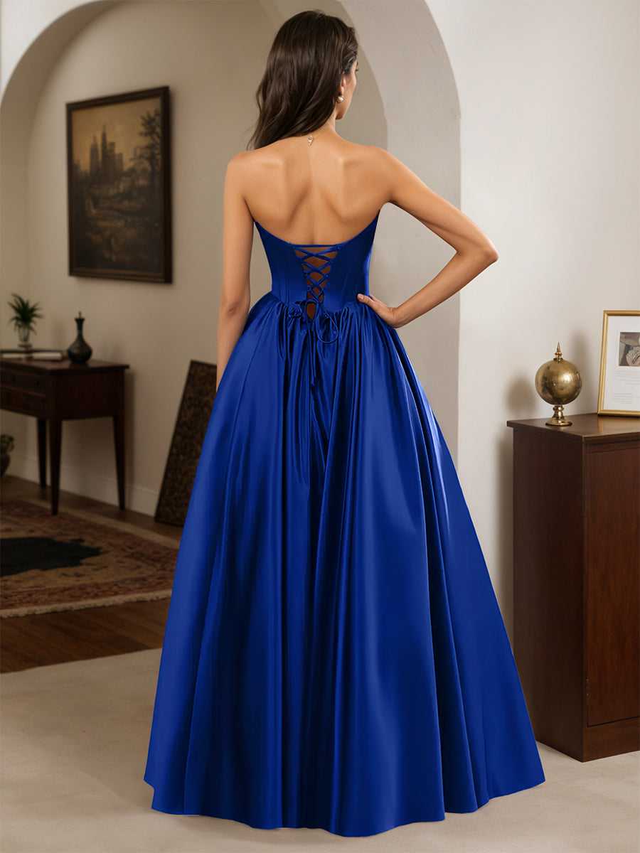Cicinia Bleu Royal Robe de Soirée Longue A-Line en Satin sans Bretelles Longueur Sol