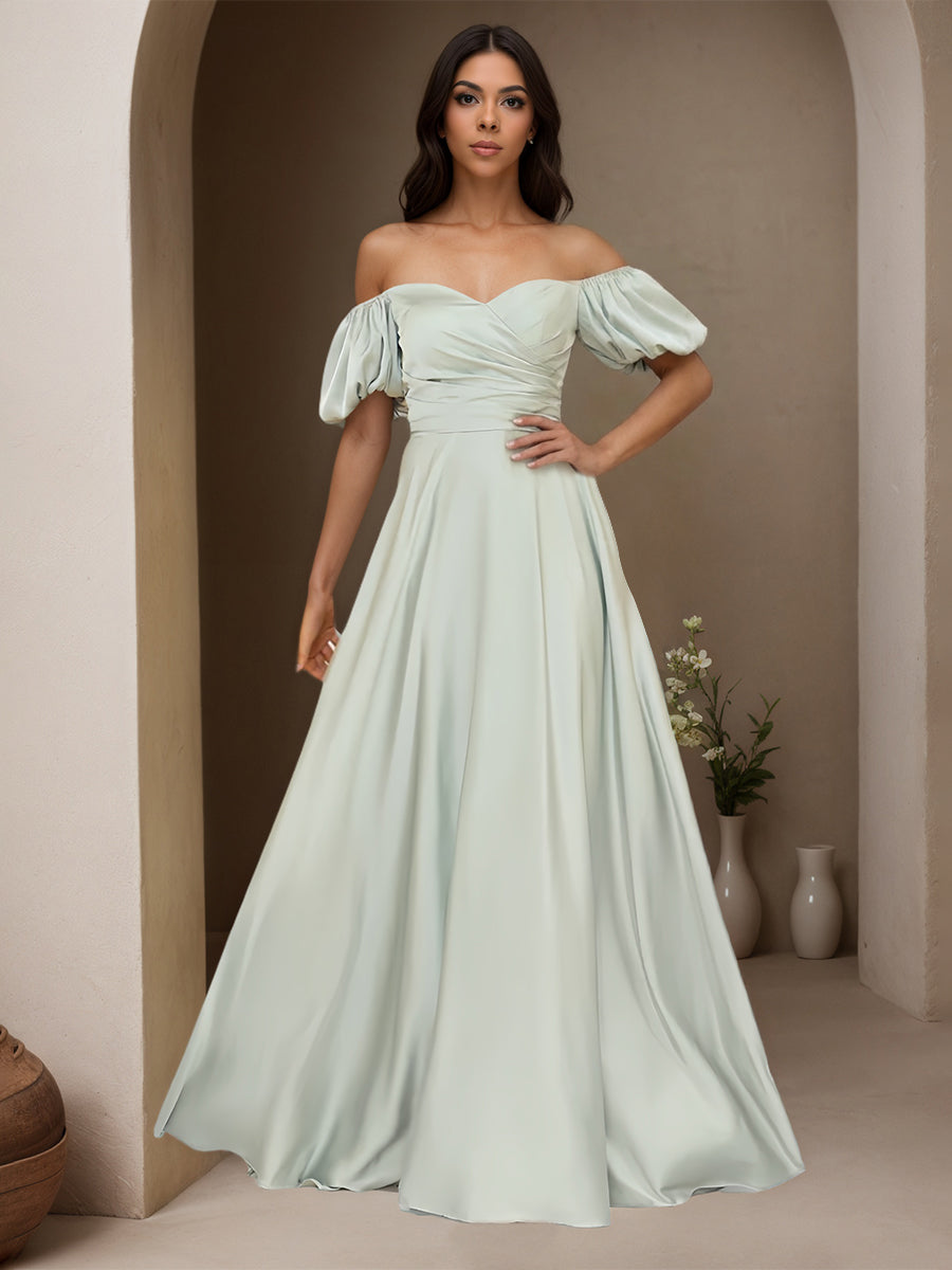 Cicinia Céladon Robe de Soirée Longue en Satin et Mousseline A-Line Longueur Sol Épaules Dénudées Manches Bouffantes