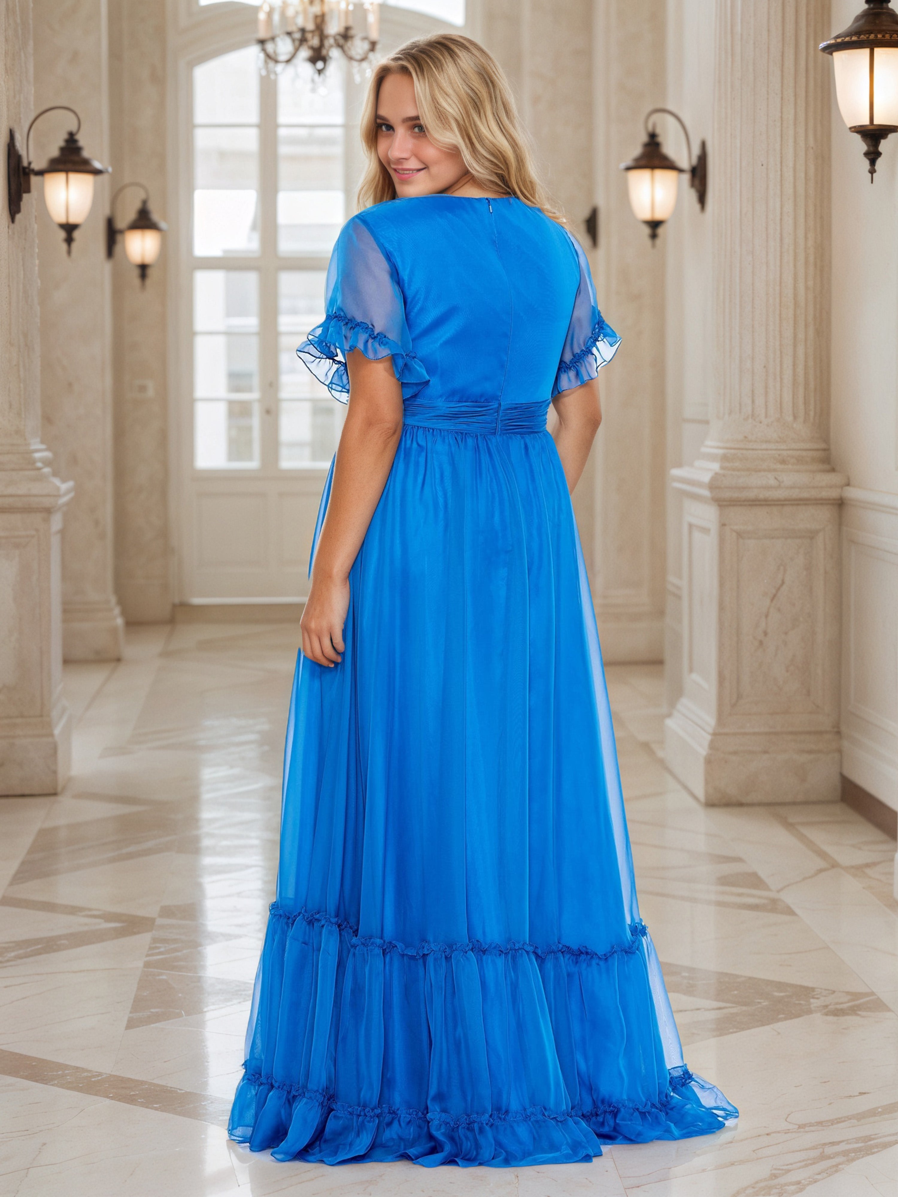 Robe de Bal Bleu Océan à Encolure V Grande Taille Coupe A-Line à Manches Courtes Longueur Sol