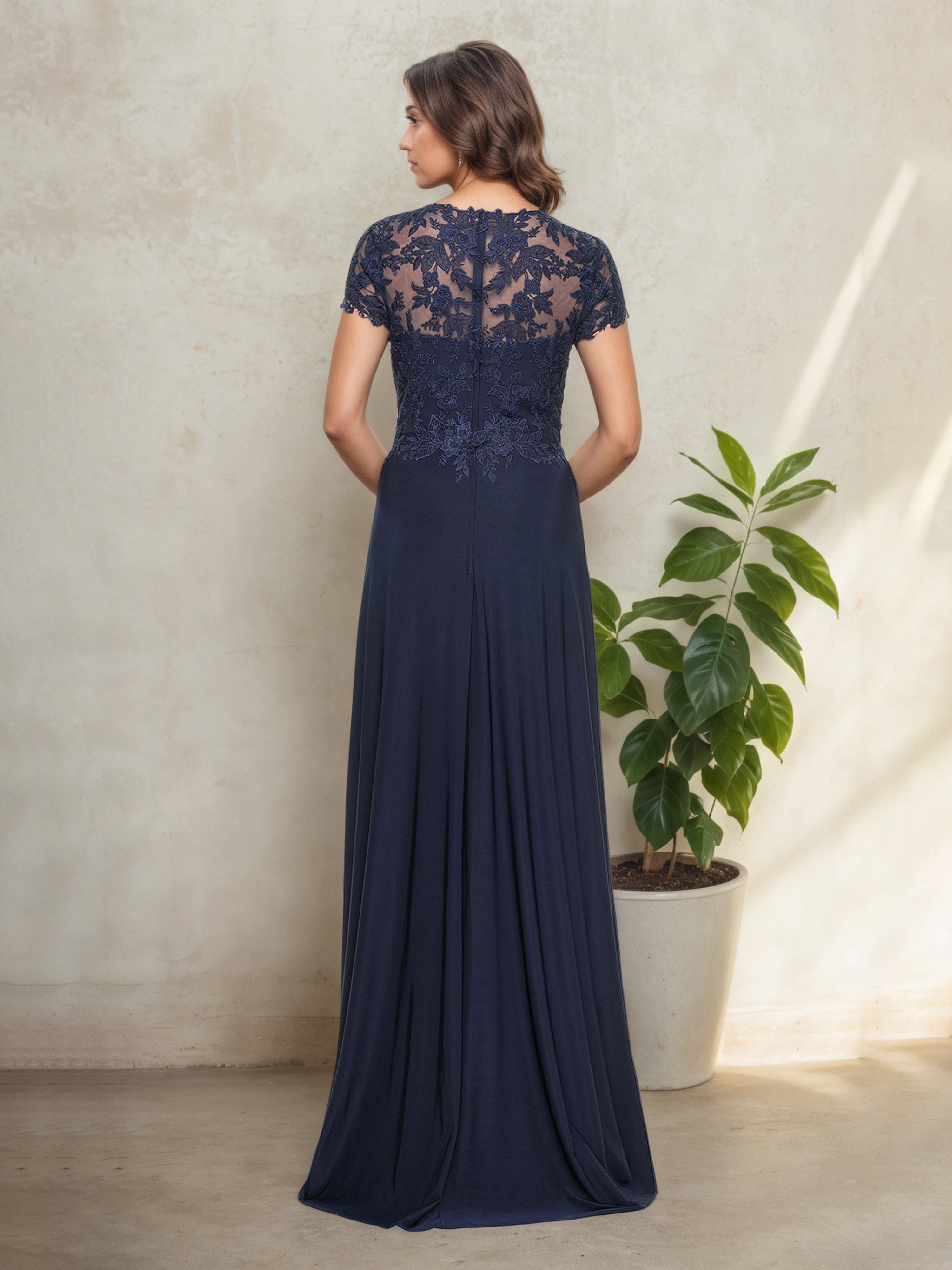 Robe Mère de la Mariée Longue à Encolure Carrée Manches Ballon avec Plissés Sophistiqués