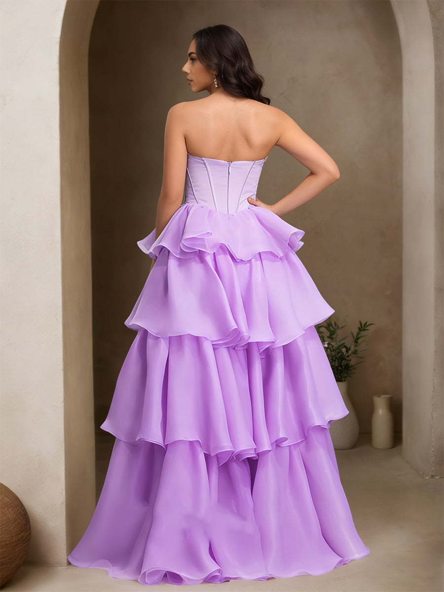 Cicinia Lilas Robe de Soirée Longue A-Line à Volants sans Bretelles Perlé Décolleté Cœur Longueur Sol