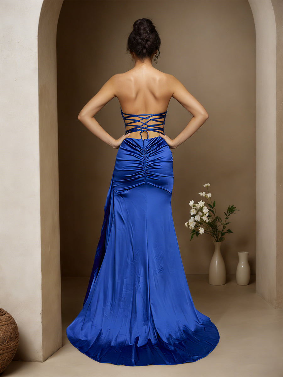Cicinia Bleu Royal Robe de Soirée Longue en Satin Doux Fourreau Traîne Balayée sans Bretelles Charmante