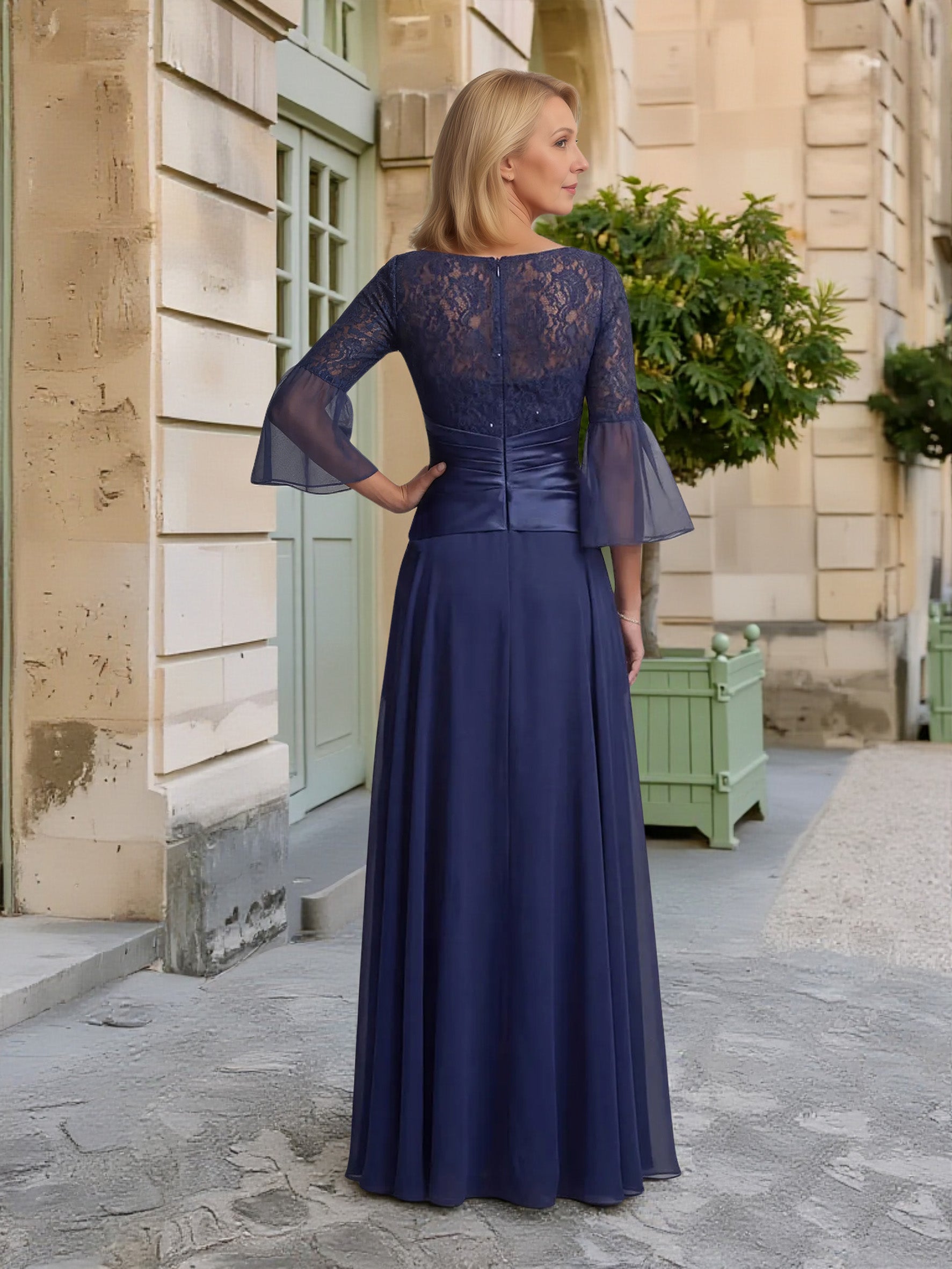 Cicinia Bleu Marine Foncé Robe pour Mère de la Mariée Longue A-Line en Mousseline Dentelle Fente Longueur Sol