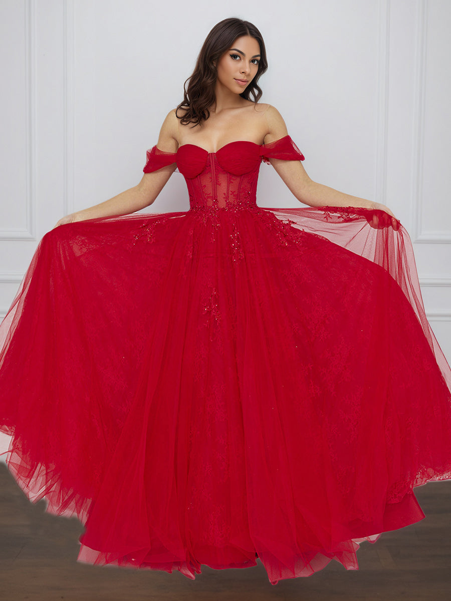 Cicinia Rouge Robe de Soirée Longue en Tulle A-Line Décolleté Une Épaule Longueur Sol