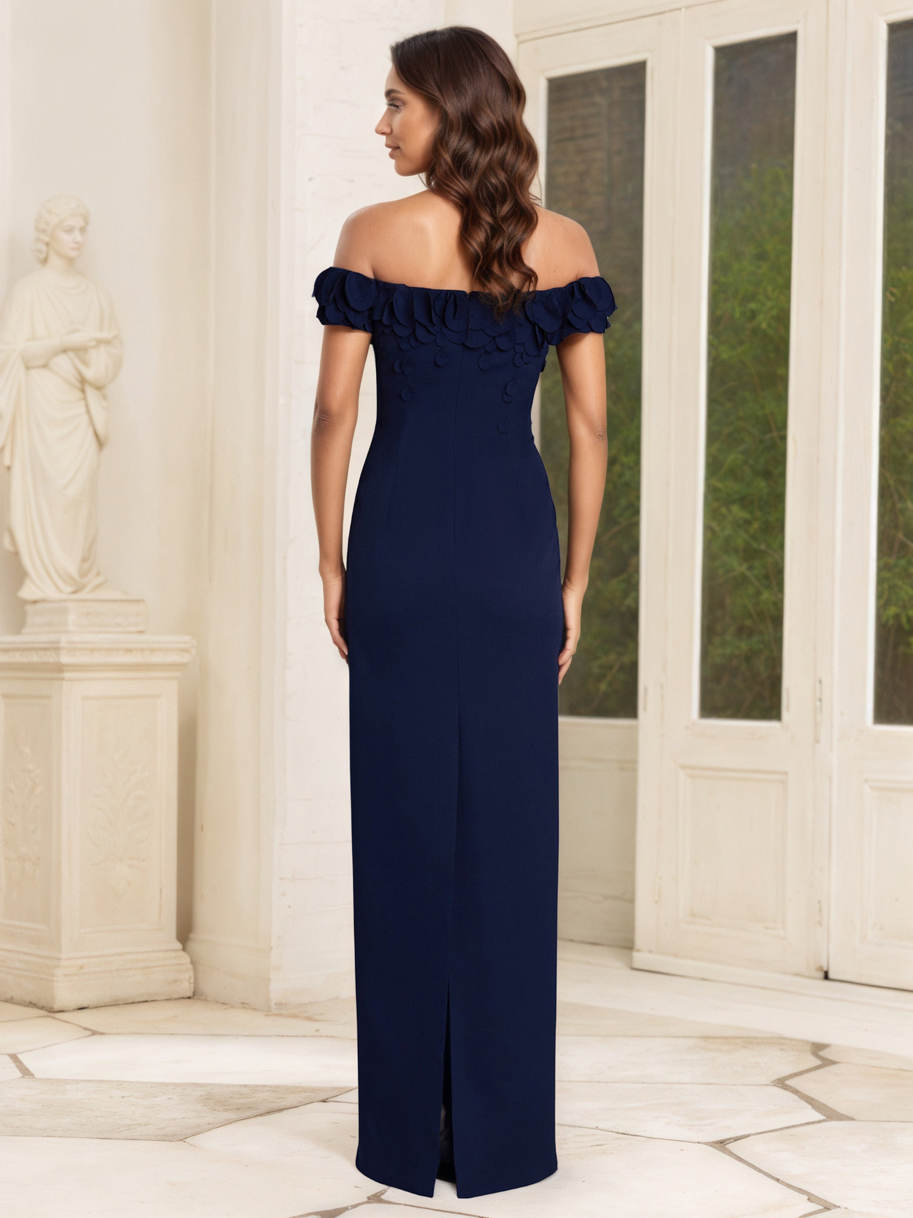 Robe Mère de la Mariée en BLEU_MARINE Fourreau/Colonne à Bretelles Dentelle Illusion