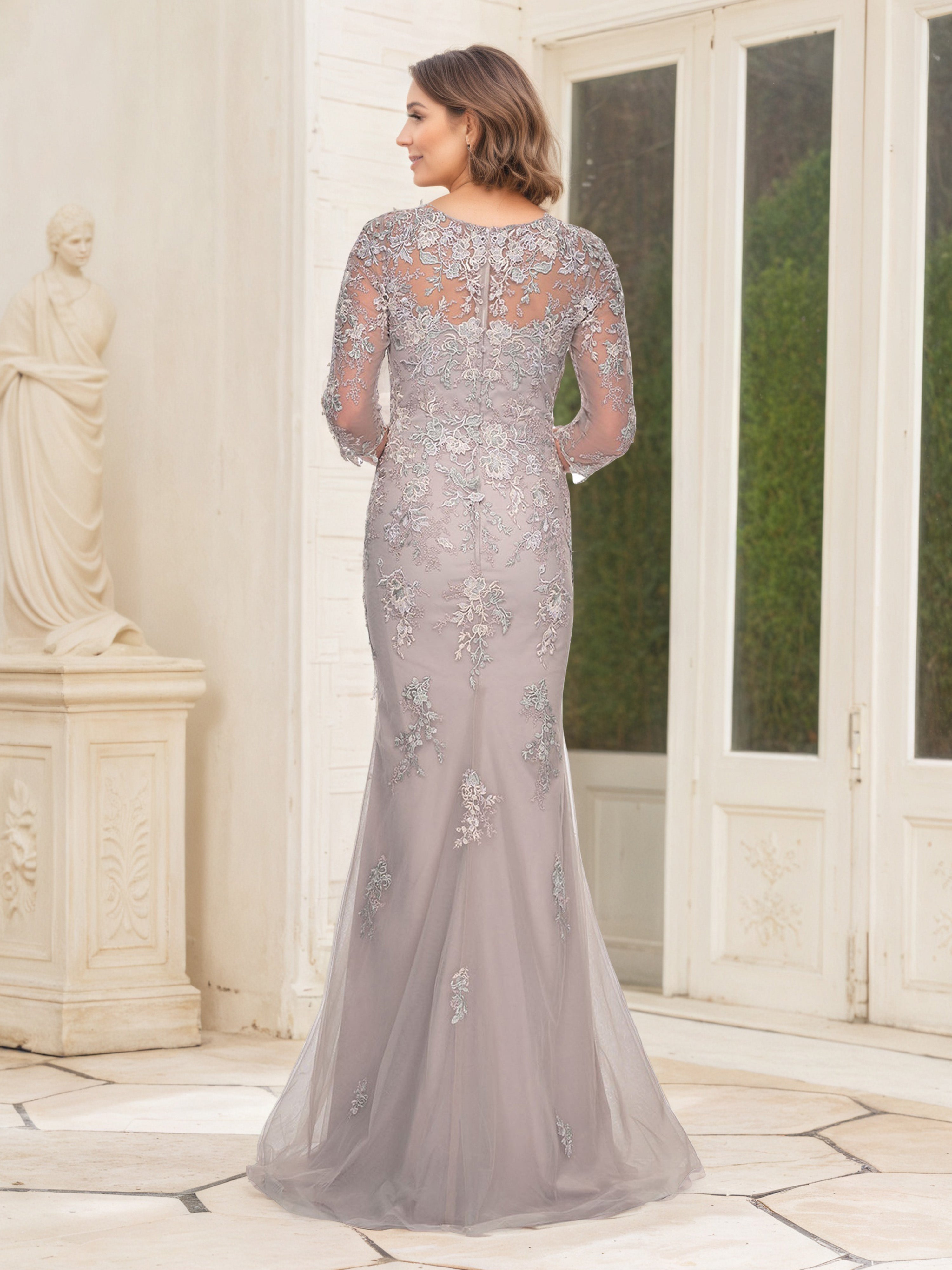 Robe Mère de la Mariée GLYCINE à Encolure Dentelle Illusion avec Manches Trois-Quarts
