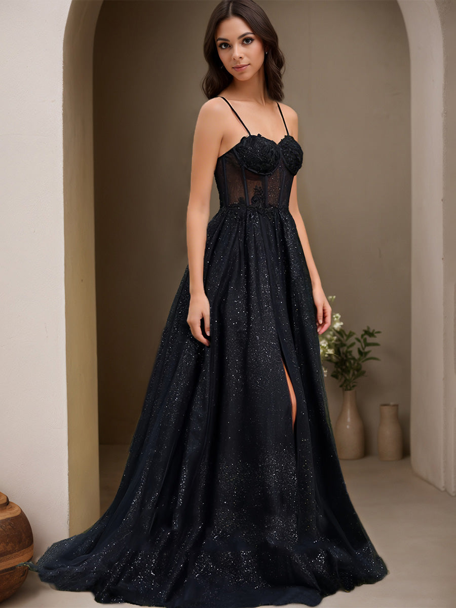 Cicinia Noir Robe de Soirée Longue en Tulle Scintillant A-Line Bretelles Spaghetti Traîne Balayée Fente