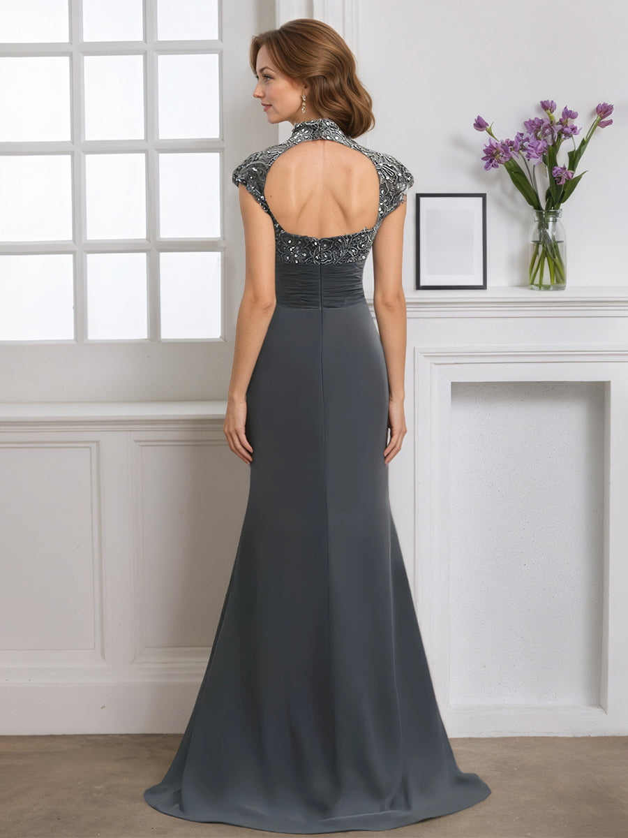 Cicinia Gris Acier Robe pour Mère de la Mariée Longue Fourreau en Mousseline Dentelle Col Haut Perlé