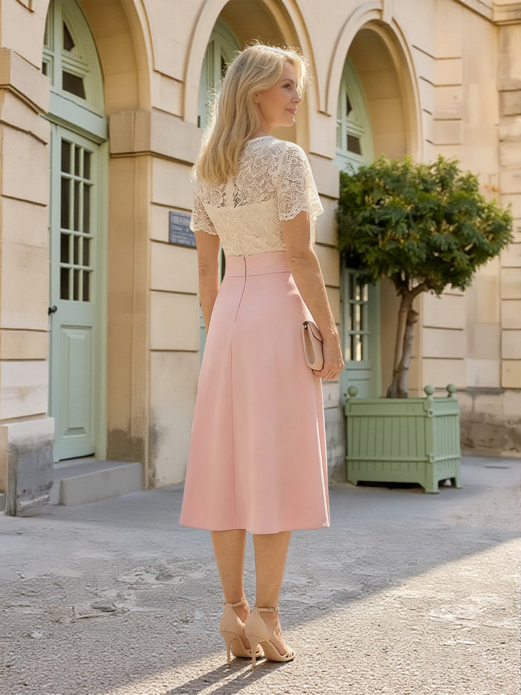 Cicinia Rose Robe pour Mère de la Mariée Longue A-Line en Dentelle Manches Courtes Longueur Midi (Thé)
