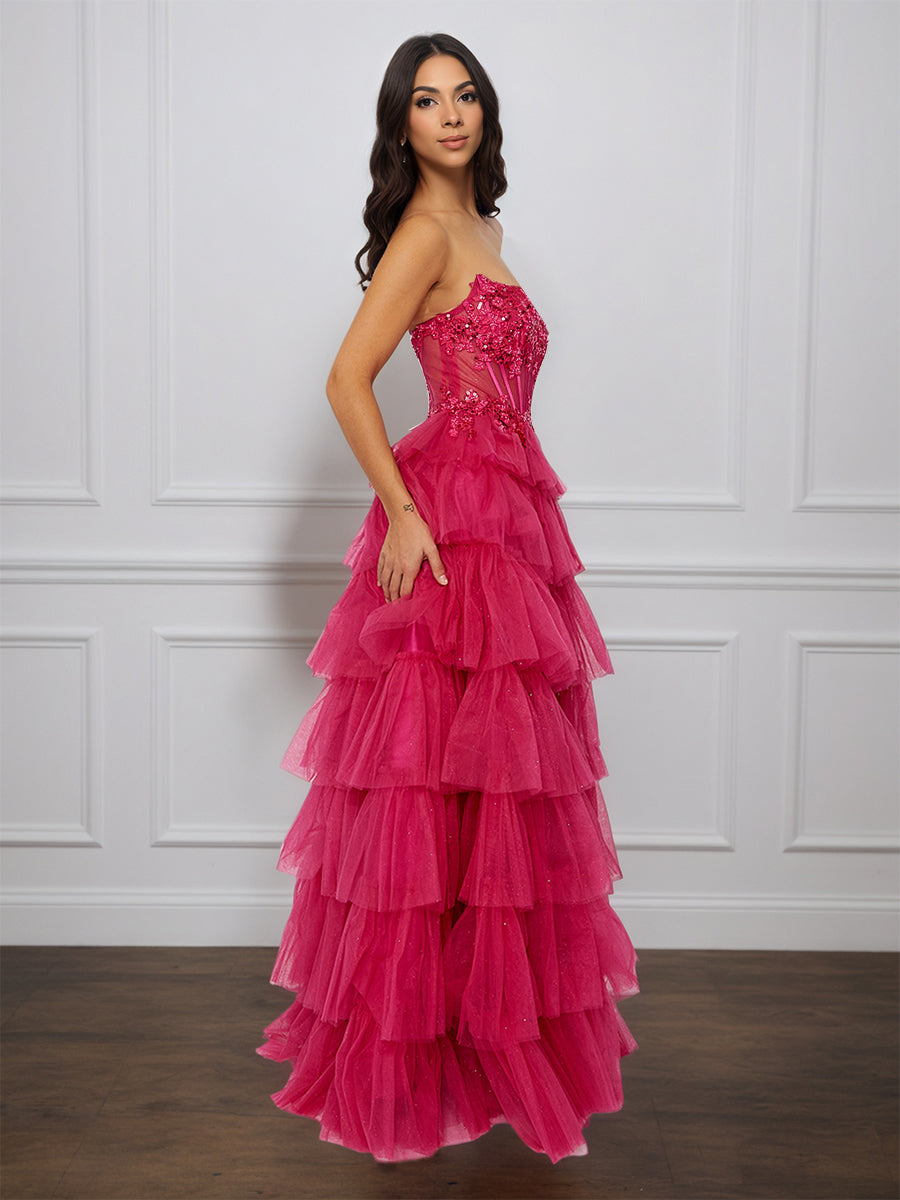 Cicinia Fuchsia Robe de Soirée Longue en Tulle A-Line sans Manches Fente à Volants