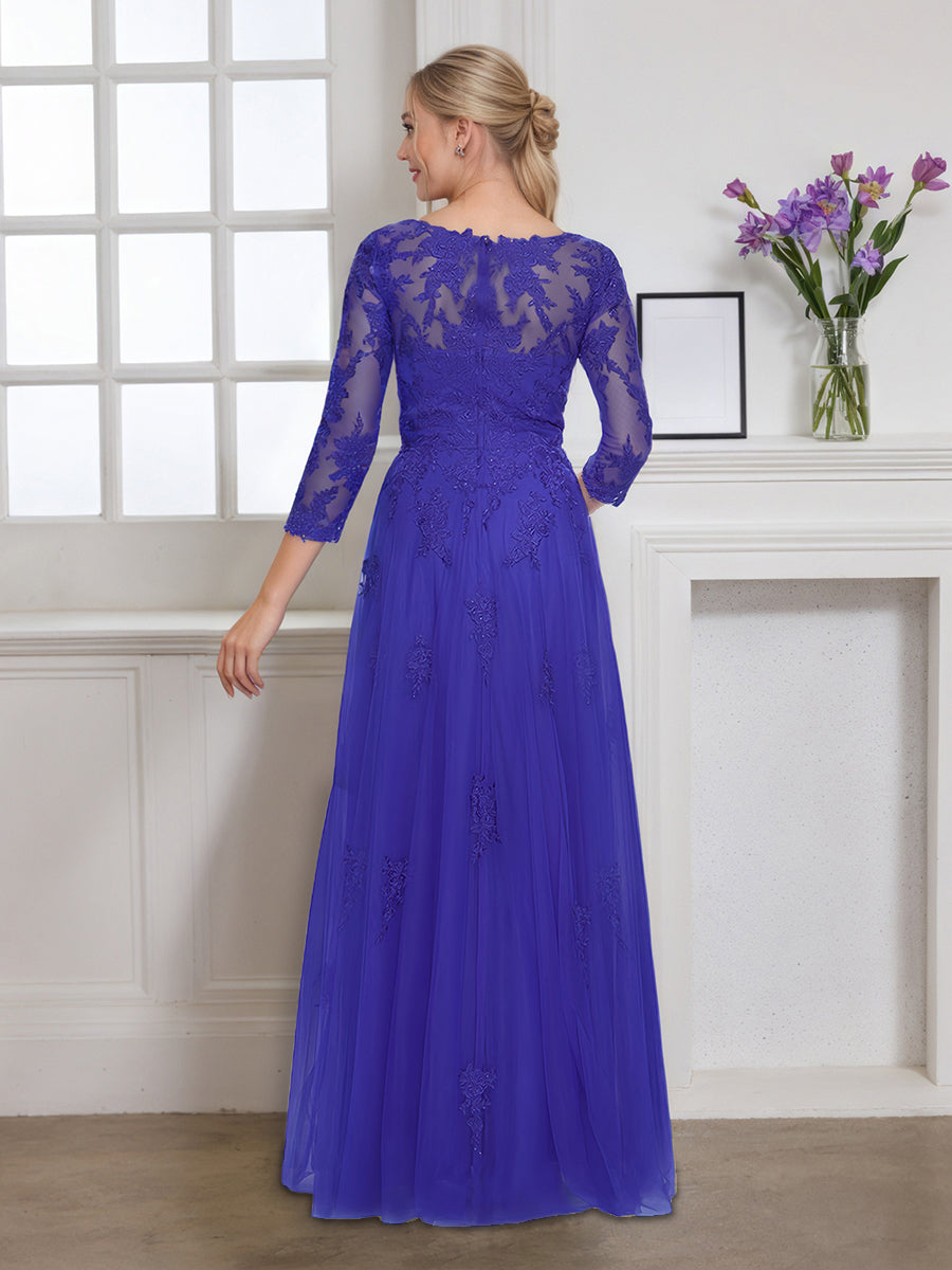Cicinia Régence Robe pour Mère de la Mariée Longue en Tulle Appliqués Dentelle Décolleté en V Manches Trois-Quarts