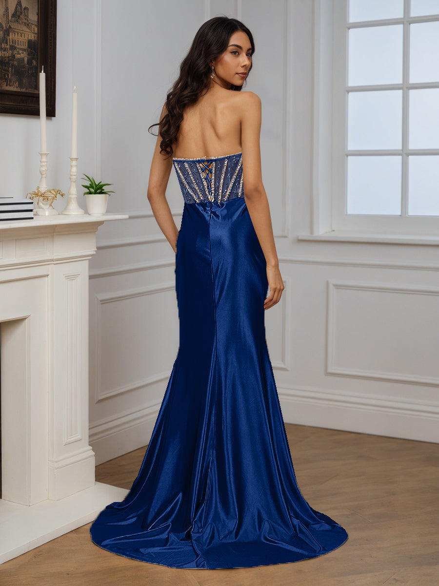 Cicinia Robe de Soirée MARINE FONCE en Satin sans Bretelles Perlé Fente Avec Traîne Balayée