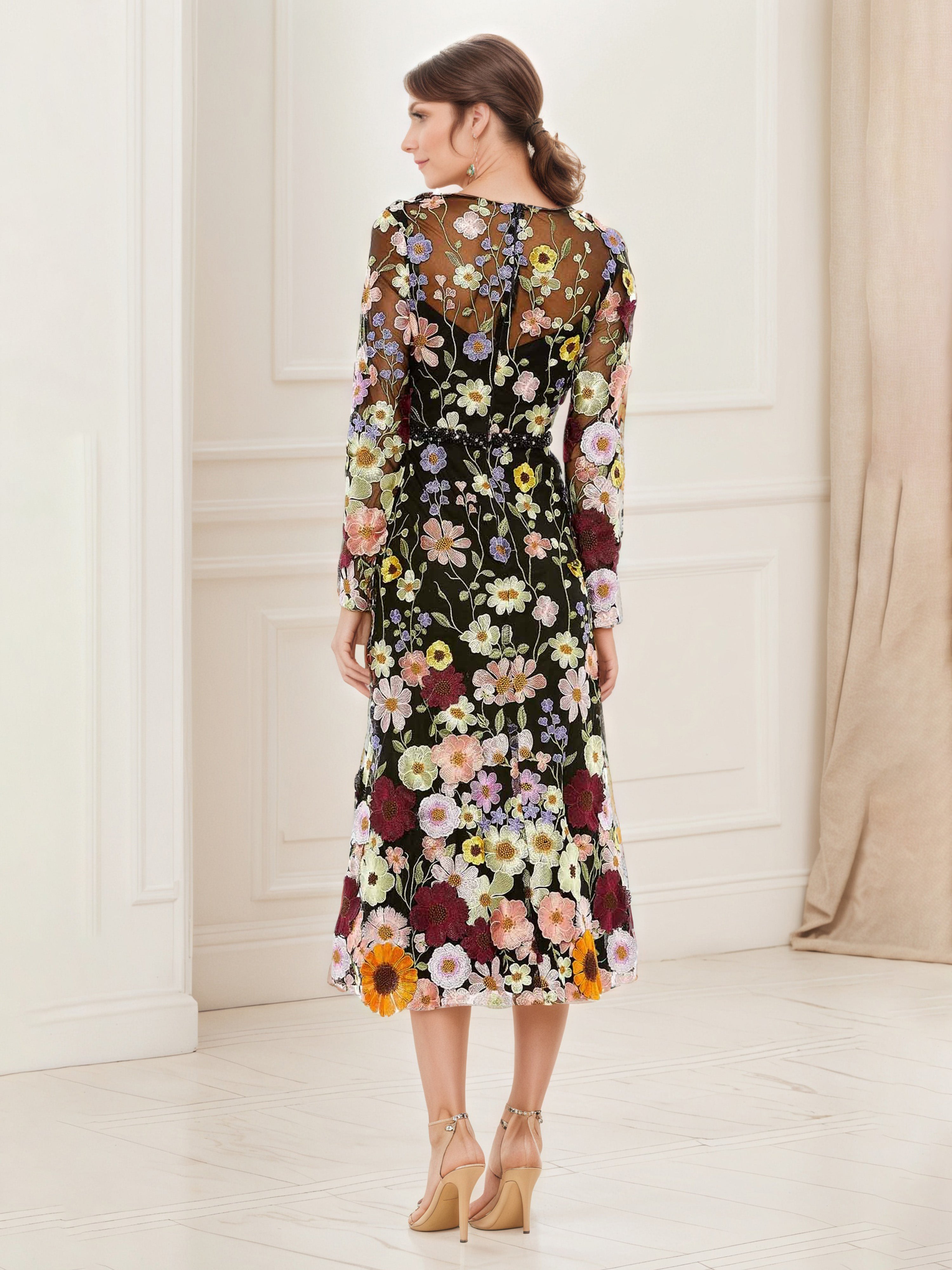 Robe de Soirée Noire Florale Col ras du cou Robe Mi-longue Fourreau/Colonne à Manches Longues