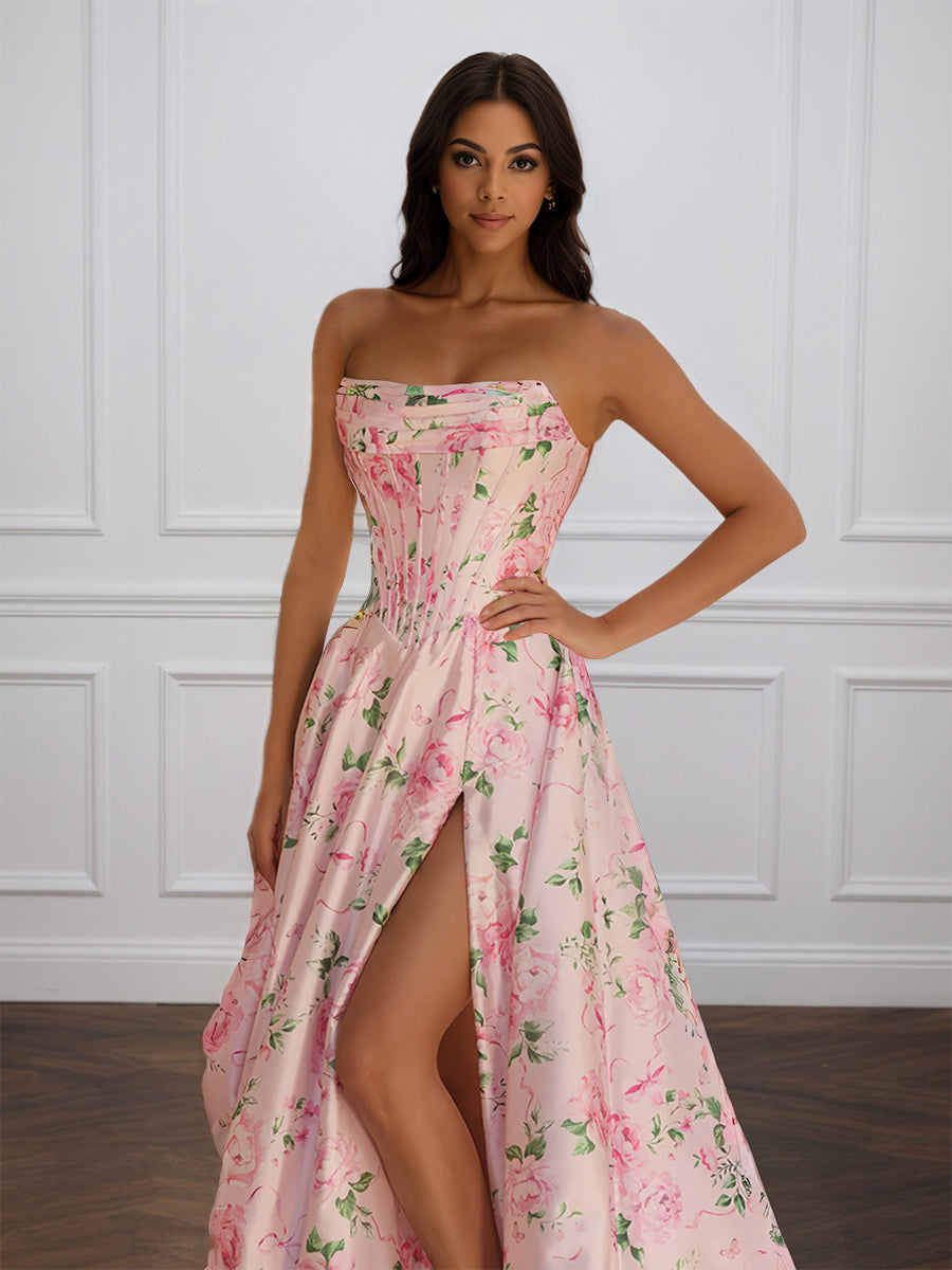 Cicinia ROSE PALE Robe de Soirée Longue en Tissu Imprimé A-Line Fente sans Bretelles