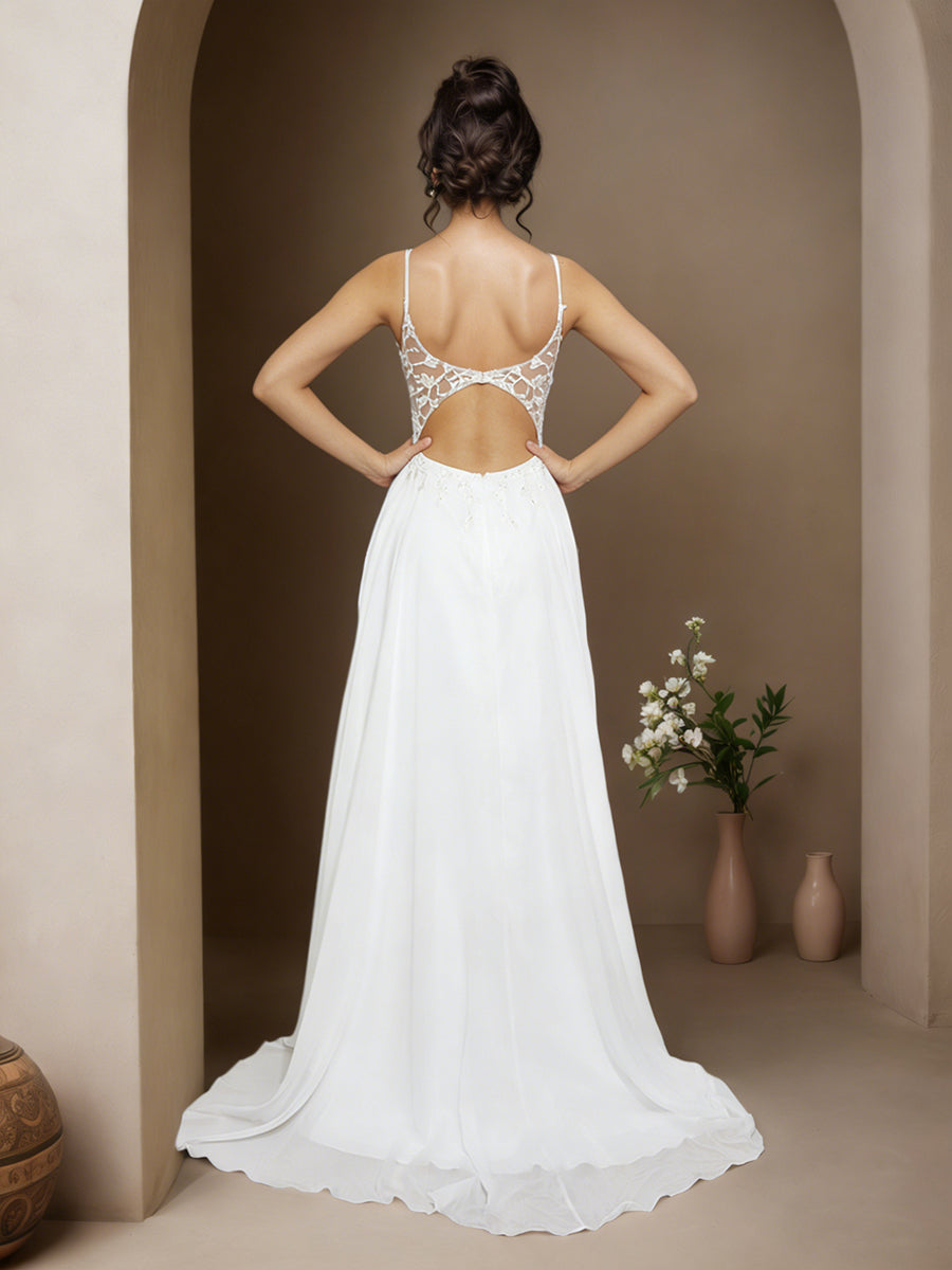 Cicinia IVOIRE Robe de Soirée Longue en Mousseline Appliqués Dentelle A-Line Traîne Balayée