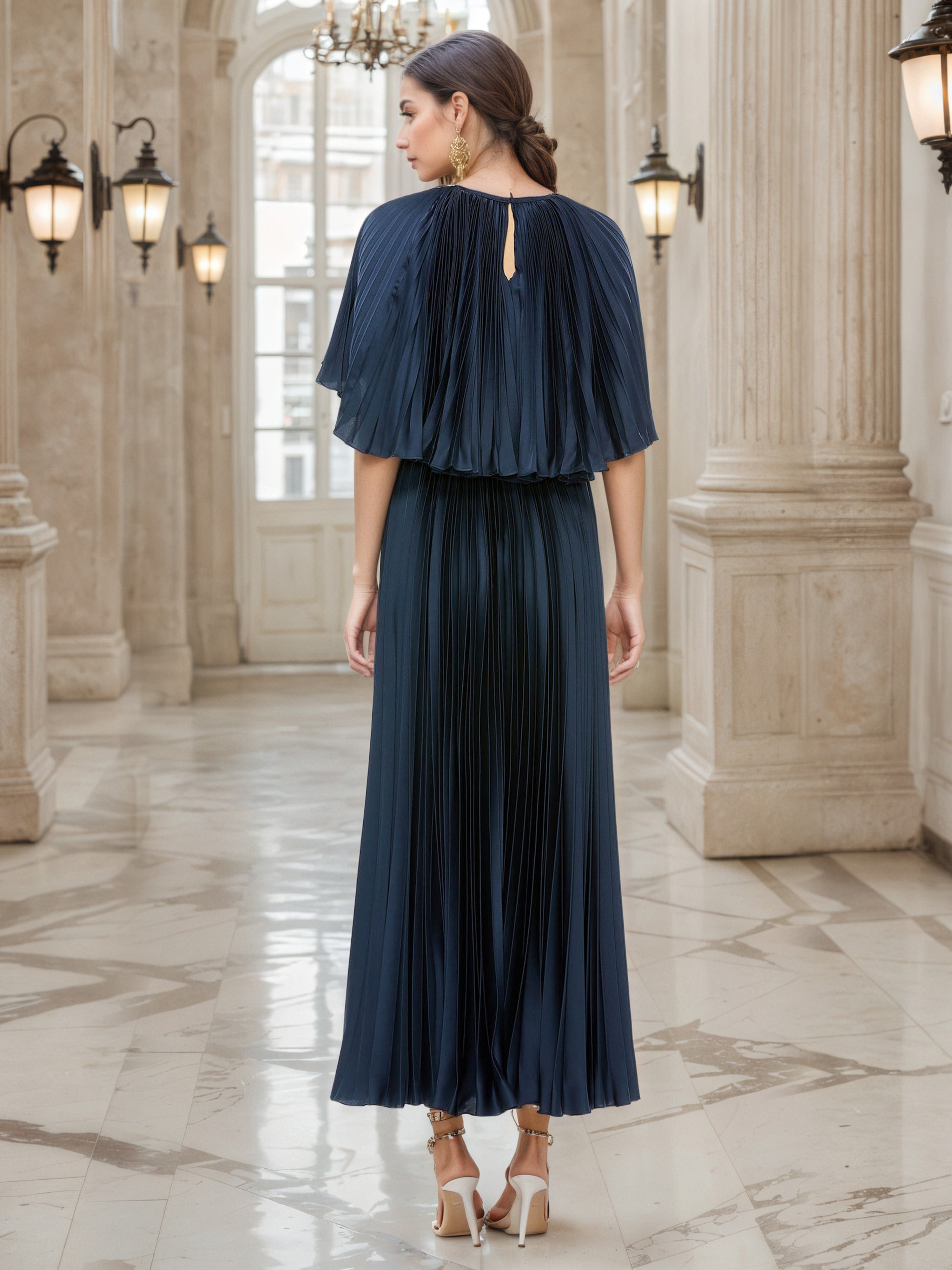 Elégante Robe de Soirée BLEU_MARINE Col ras du cou Trapèze à Manchette Robe Plissée