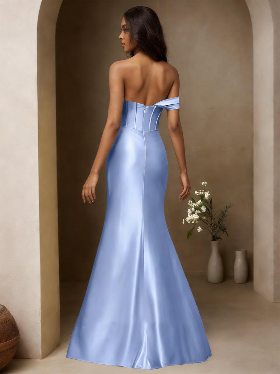 Cicinia Bleu Ciel Robe de Soirée Longue en Tissu Extensible Fourreau Fente Seule Épaule Épurée