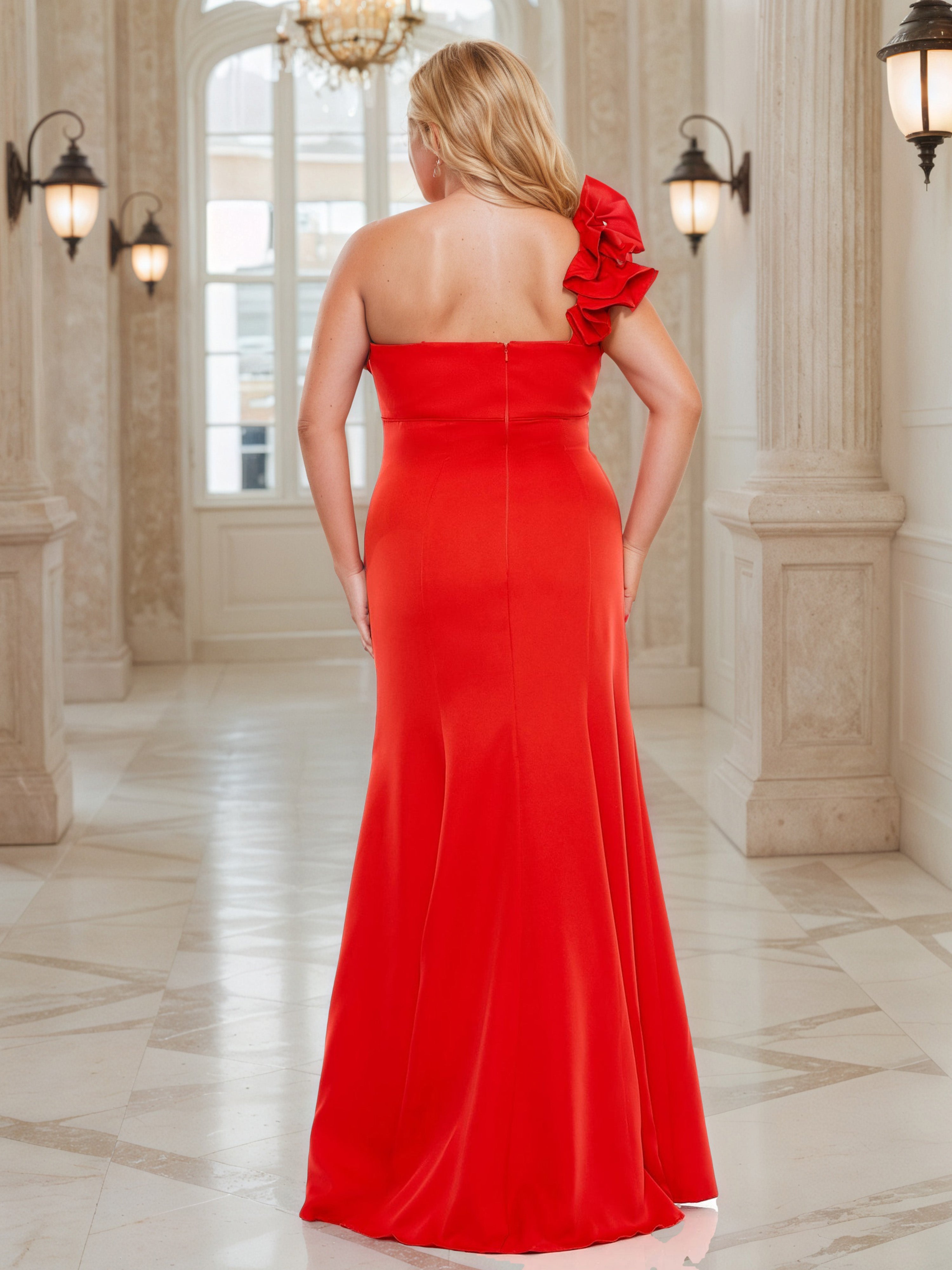 Robe de Bal Orange Brûlé à Une Épaule Grande Taille Coupe Sheath avec Encolure à Volants