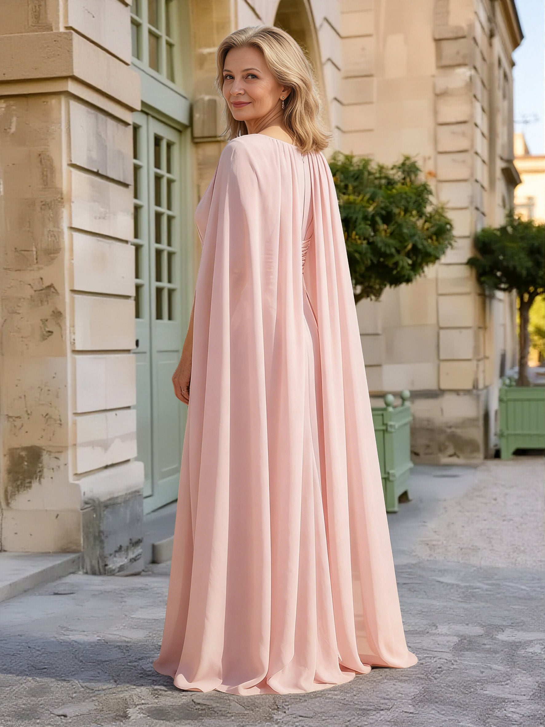 Cicinia Rose Robe pour Mère de la Mariée Longue Fourreau en Mousseline Manches Cape Décolleté en V à Plis