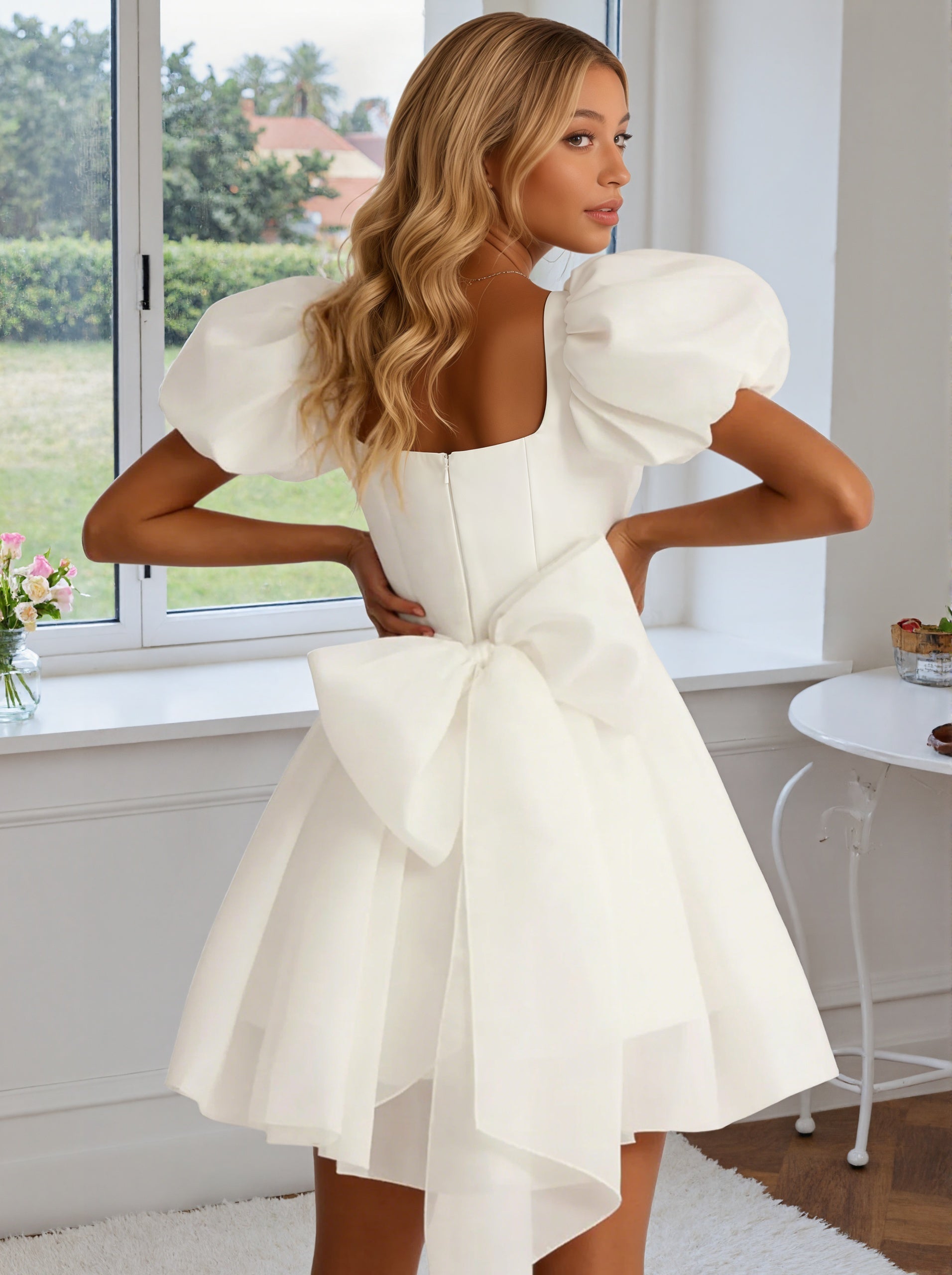 Cicinia Ivoire Robes de Bal de Promo Courte A-Line en Organza Manches Bouffantes Mini