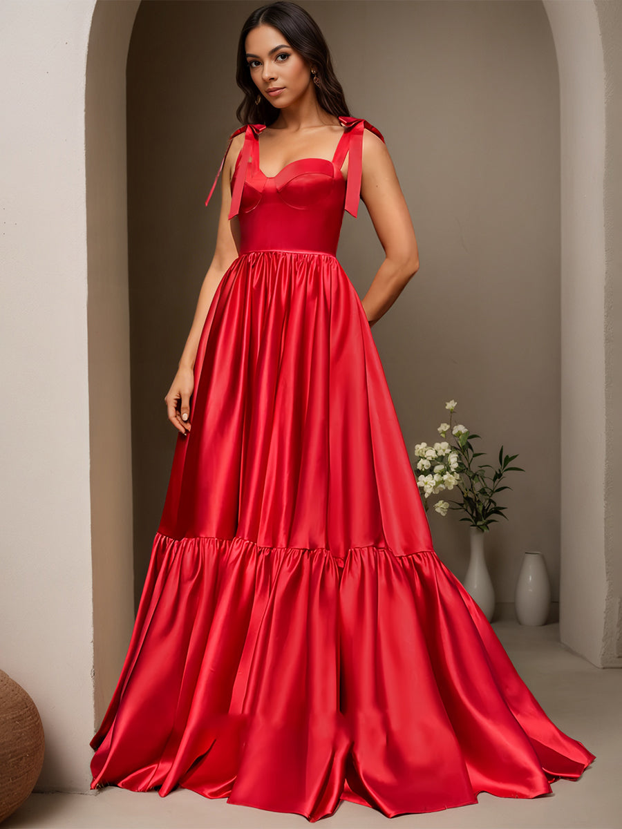 Cicinia Rouge Robe de Soirée Longue en Satin Doux A-Line Traîne Balayée Décolleté Cœur à Bretelles