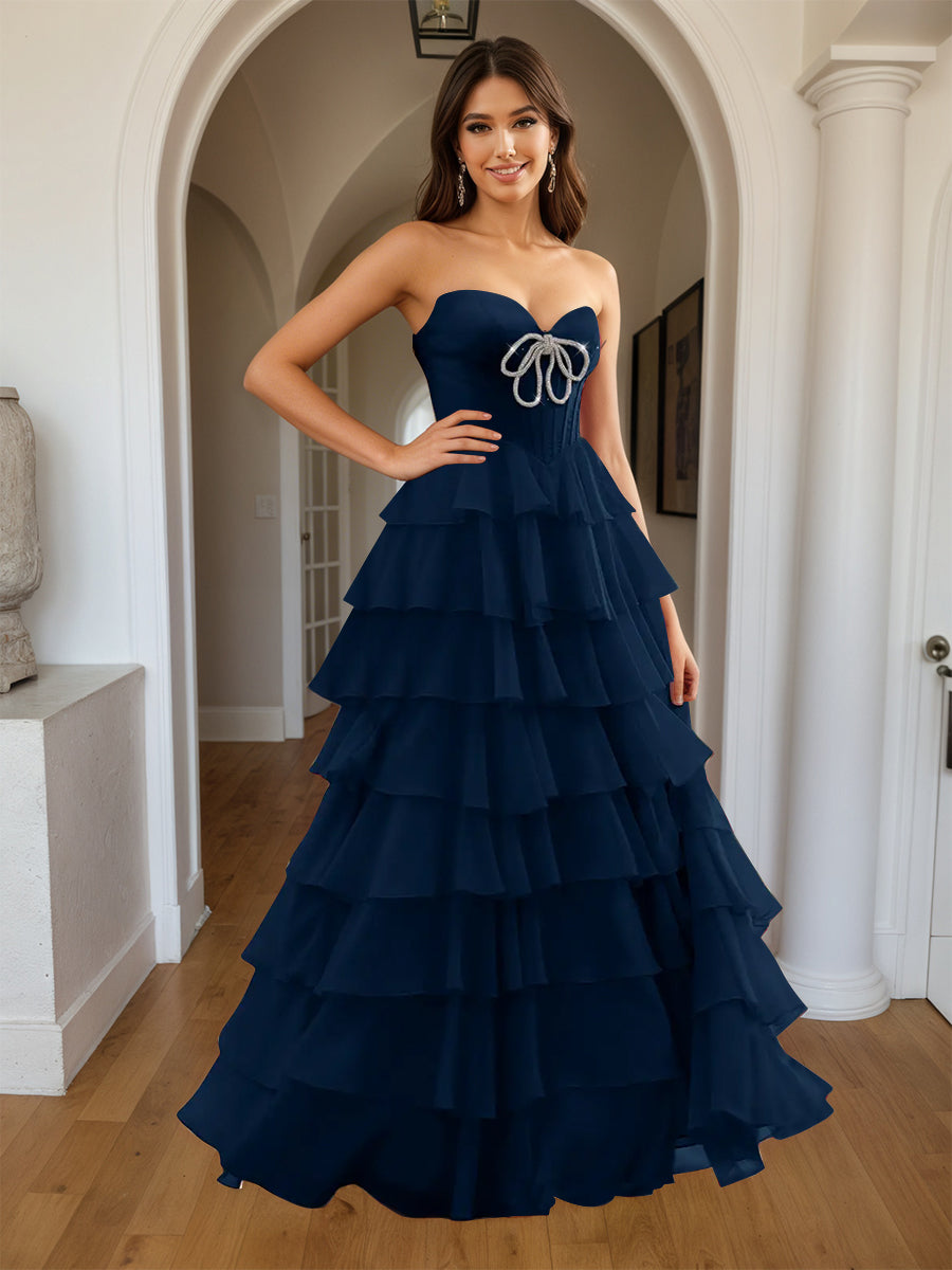 Cicinia Robe de Soirée BLEU MARINE Longue A-Line Décolleté Cœur Fente à Volants