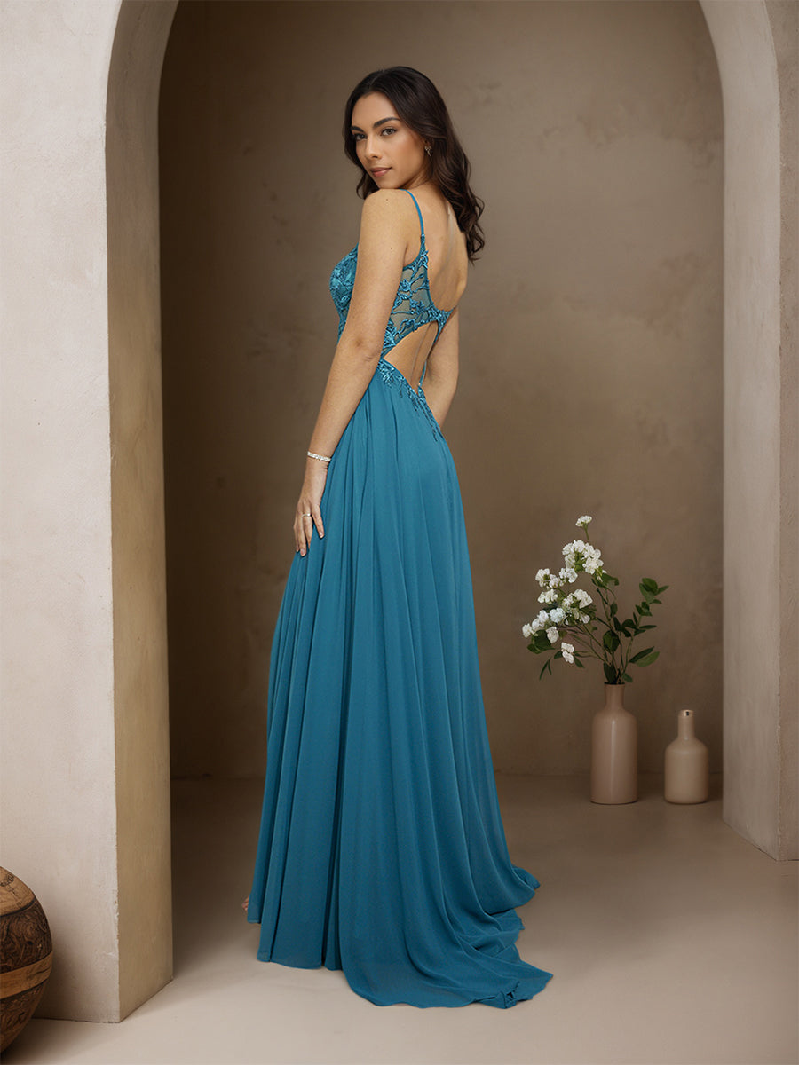 Cicinia BLEU ENCRE Robe de Soirée Longue en Mousseline Appliqués Dentelle A-Line Traîne Balayée