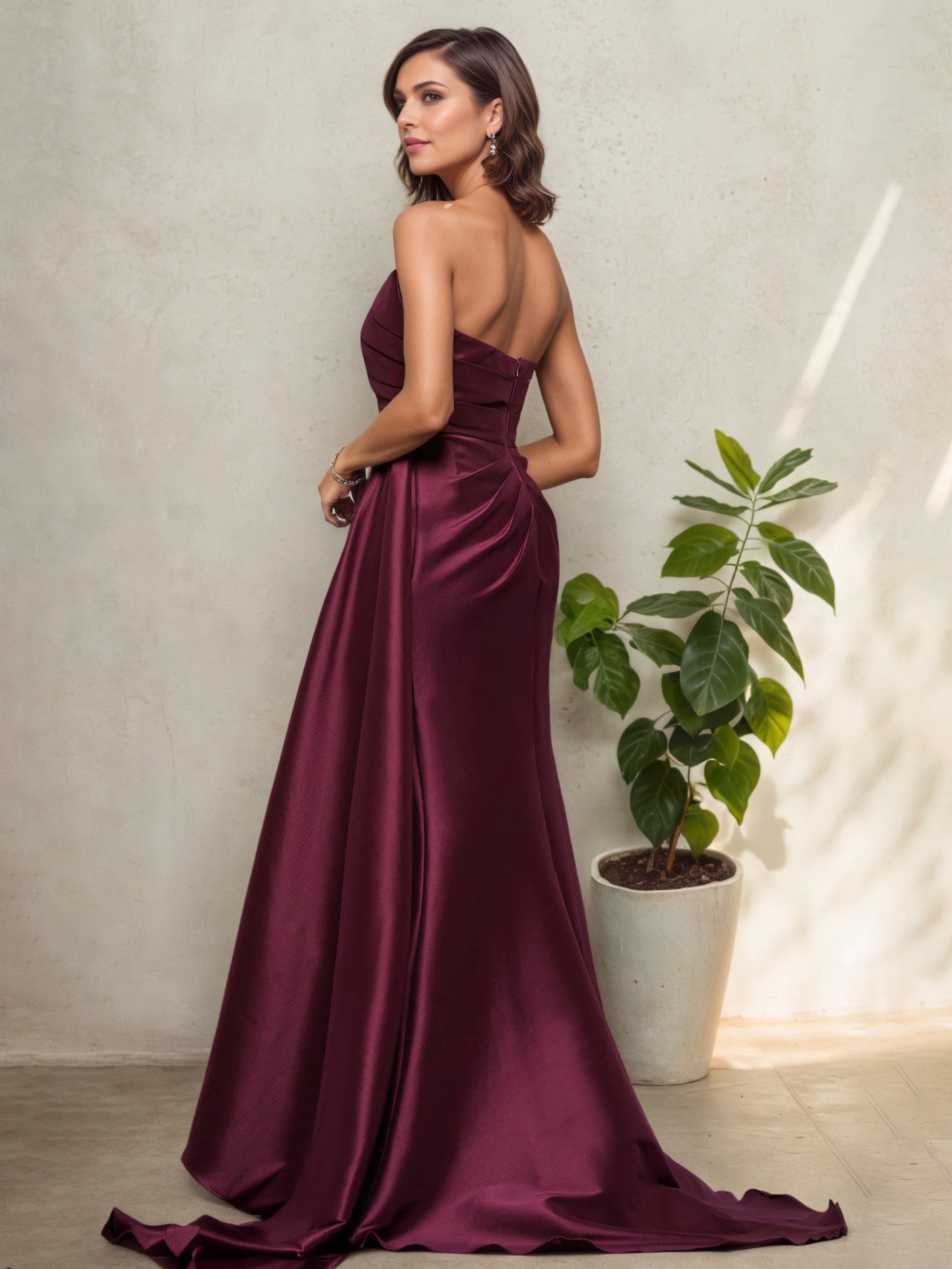 Robe Mère de la Mariée Cabernet Sans Bretelles Silhouette Sirène à Plissés Sophistiqués