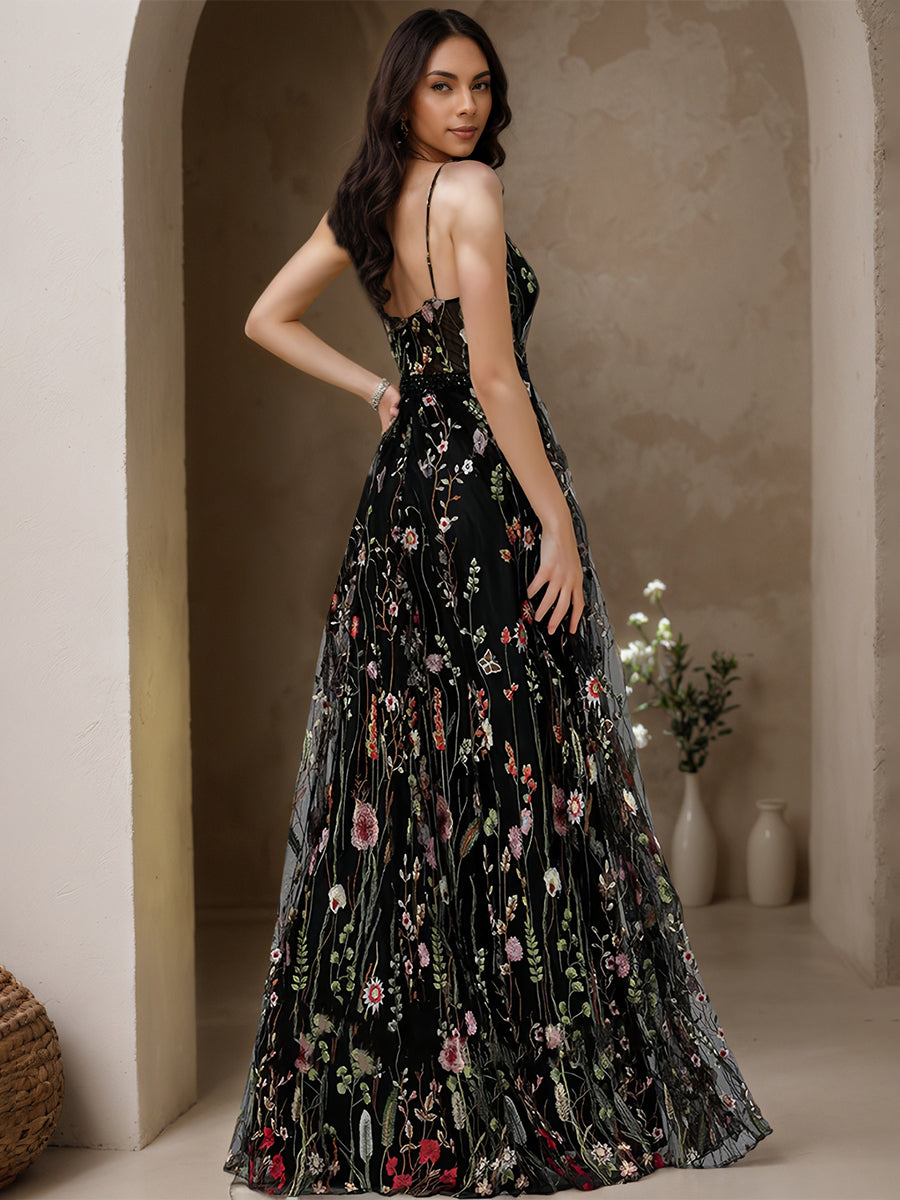 Cicinia Noir Robe de Soirée Longue en Dentelle Florale A-Line Bretelles Spaghetti Perlé Longueur Sol