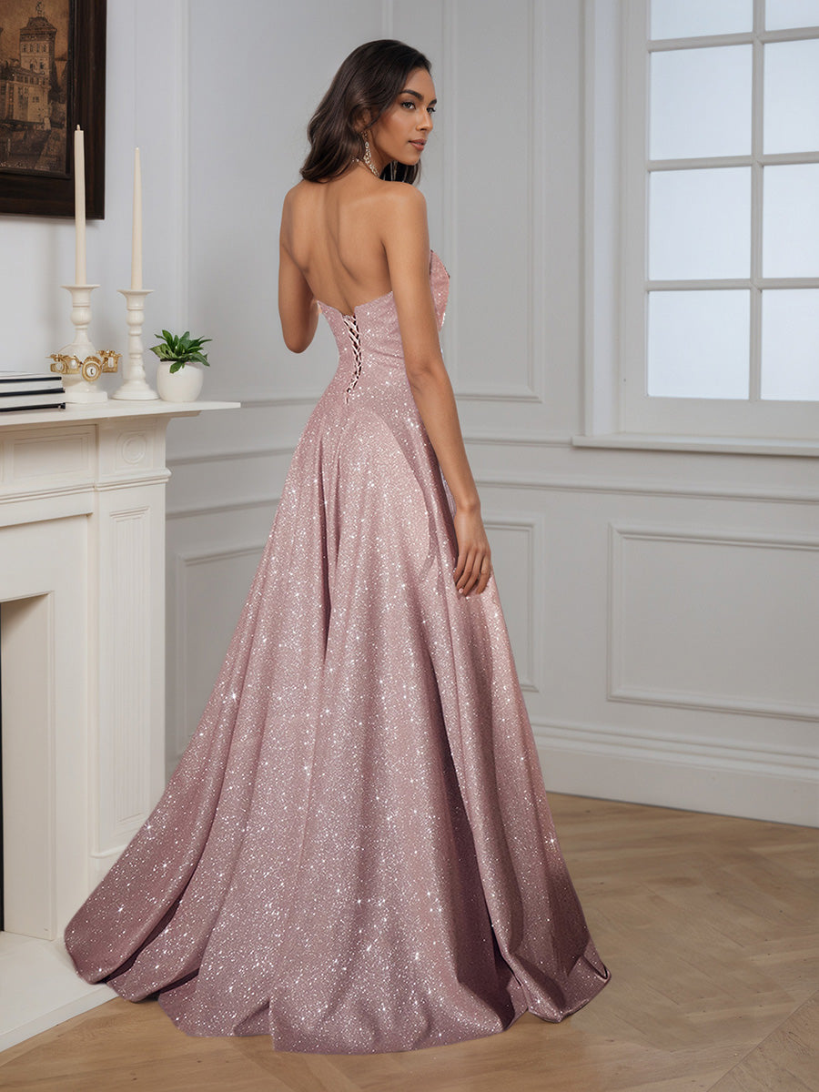 Cicinia Robe de Soirée ROSE POUDRE Longue A-Line à Jupe Plissée sans Bretelles Fente Longueur Sol avec Traîne Gracieuse
