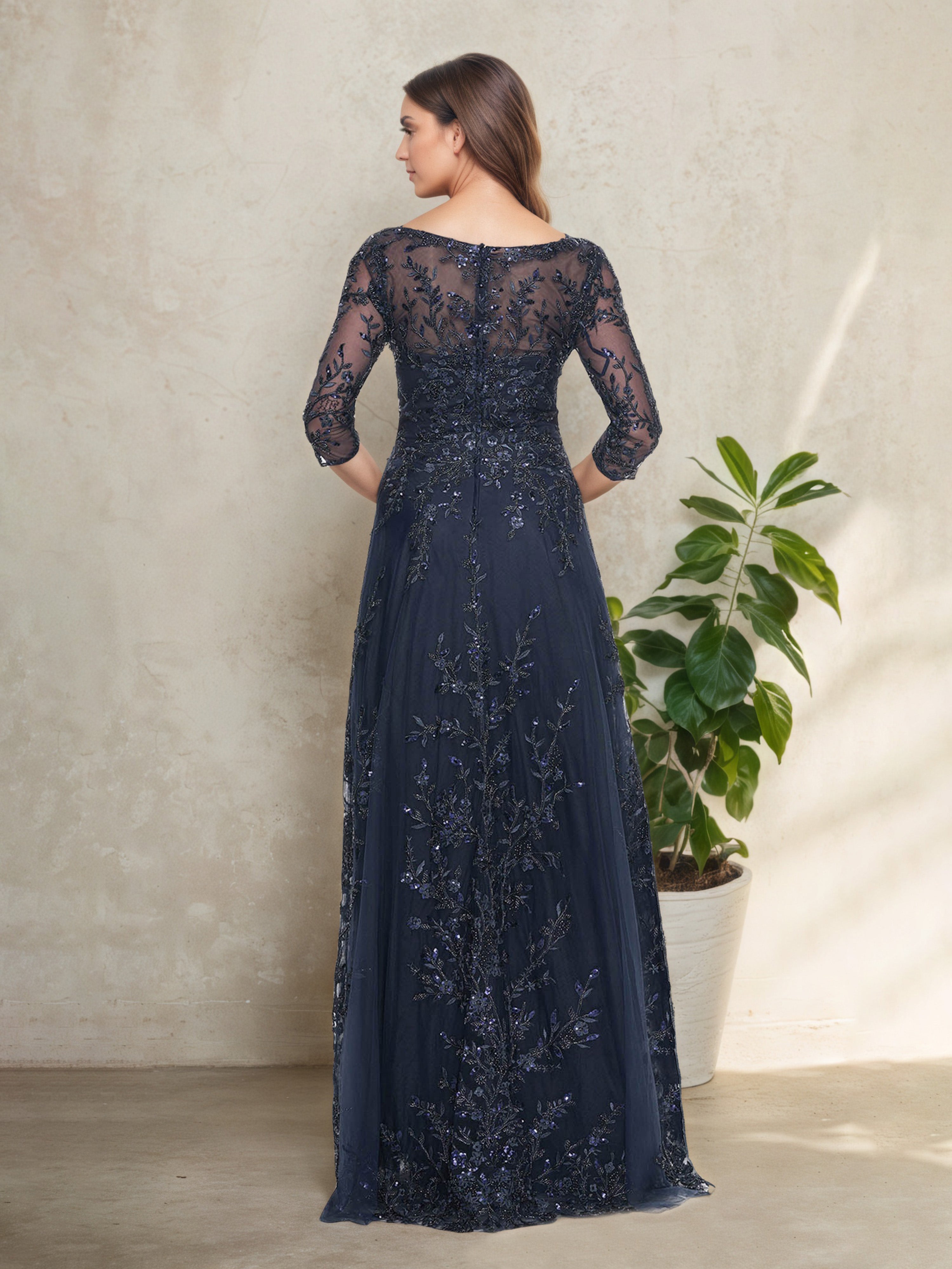 Robe Mère de la Mariée BLEU_MARINE en Dentelle Silhouette A-Line Longue à Décolleté en V et Manches 3/4