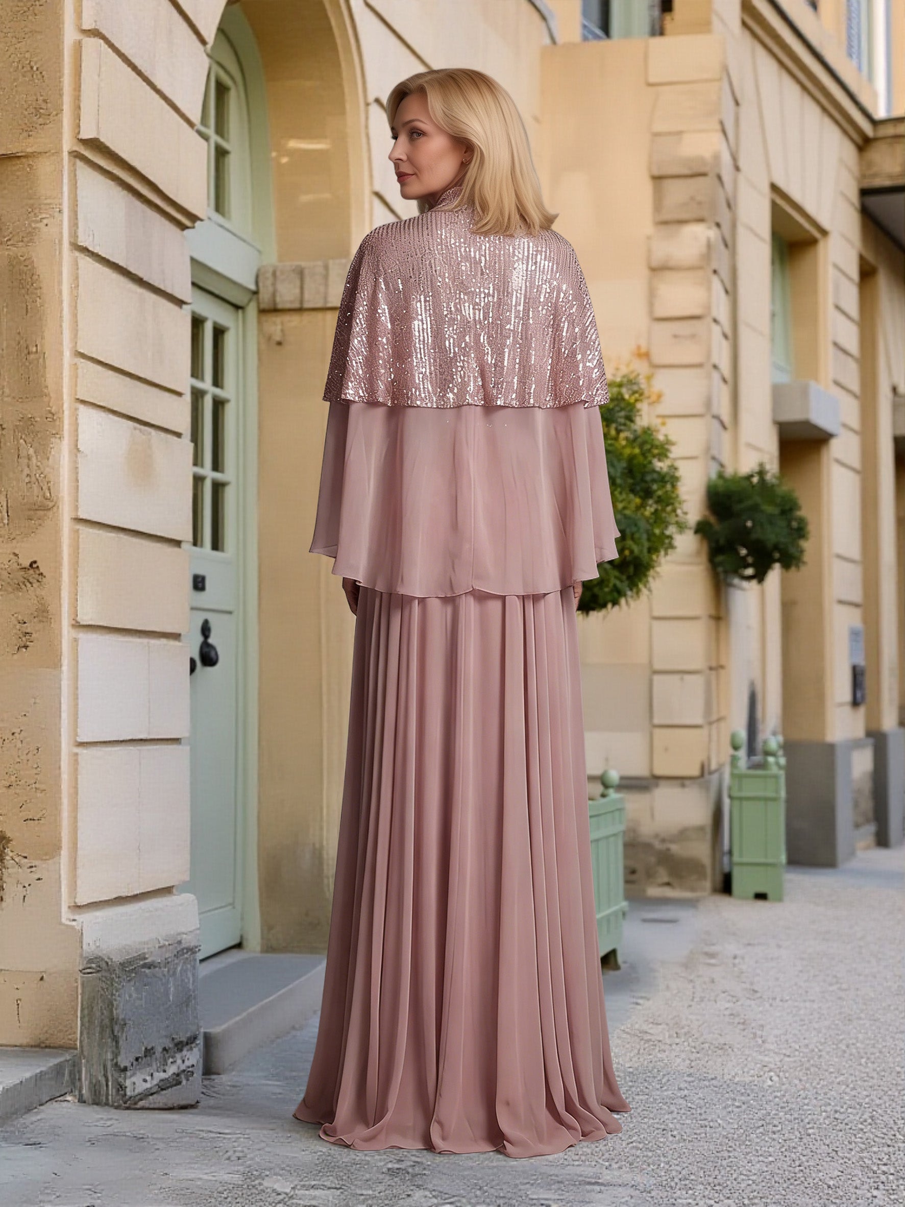 Cicinia Rose Poussiéreux Robe pour Mère de la Mariée Longue A-Line en Mousseline à Paillettes Col Haut Manches Cape