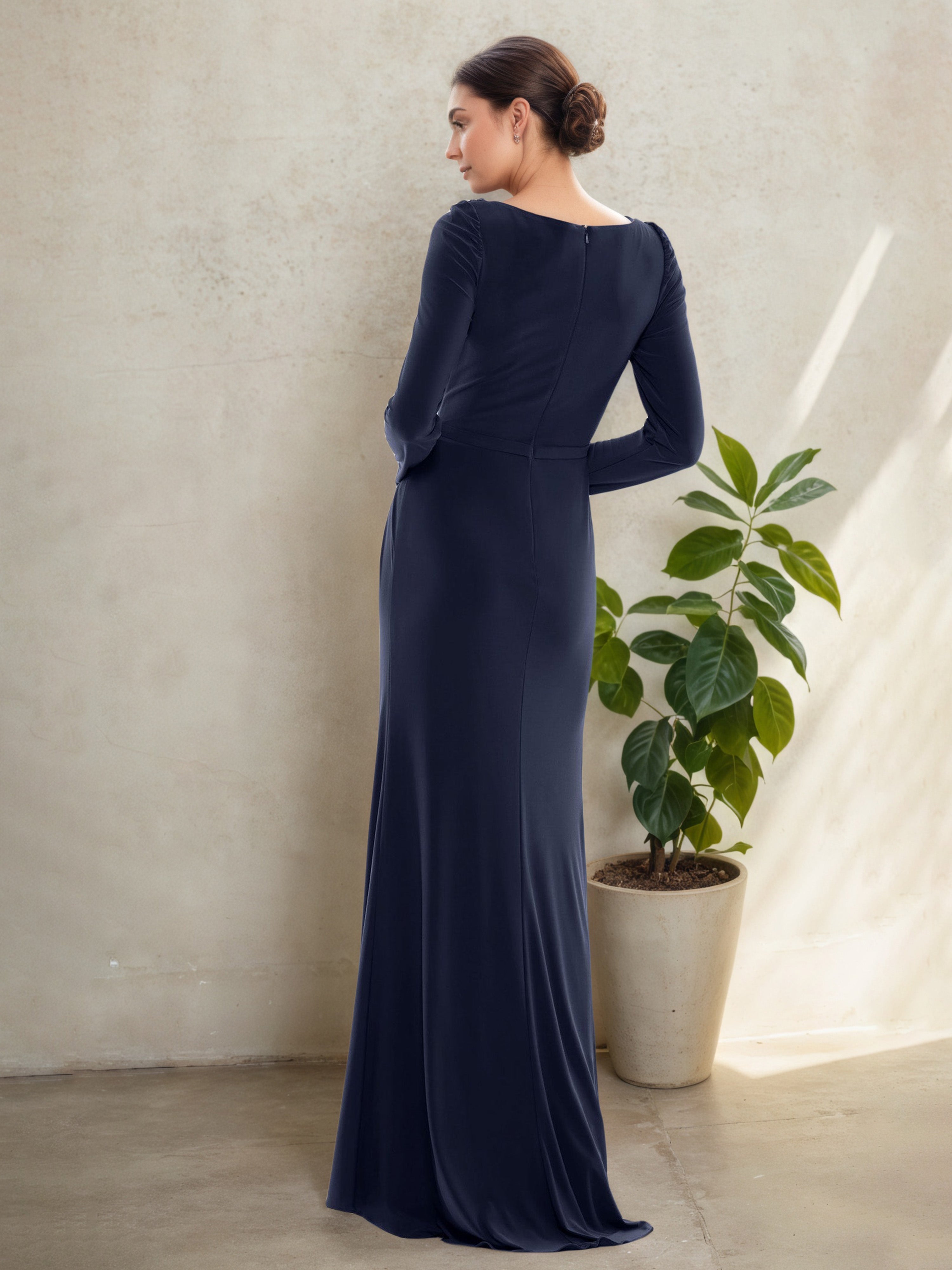 Robe Mère de la Mariée BLEU_MARINE à Col Ras du Cou Fourreau/Colonne à Manches Longues