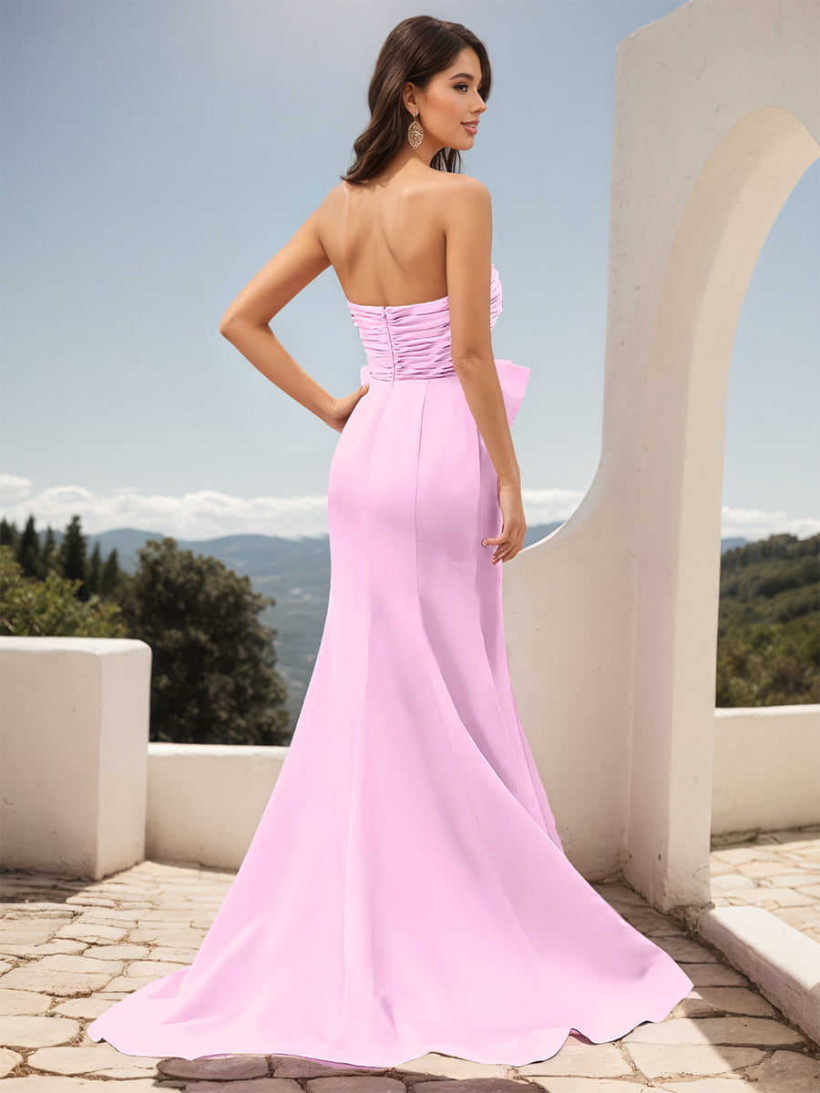 Cicinia Rose Bonbon Robe de Soirée Longue en Tissu Extensible Fourreau sans Bretelles Fente avec Grand Nœud Papillon