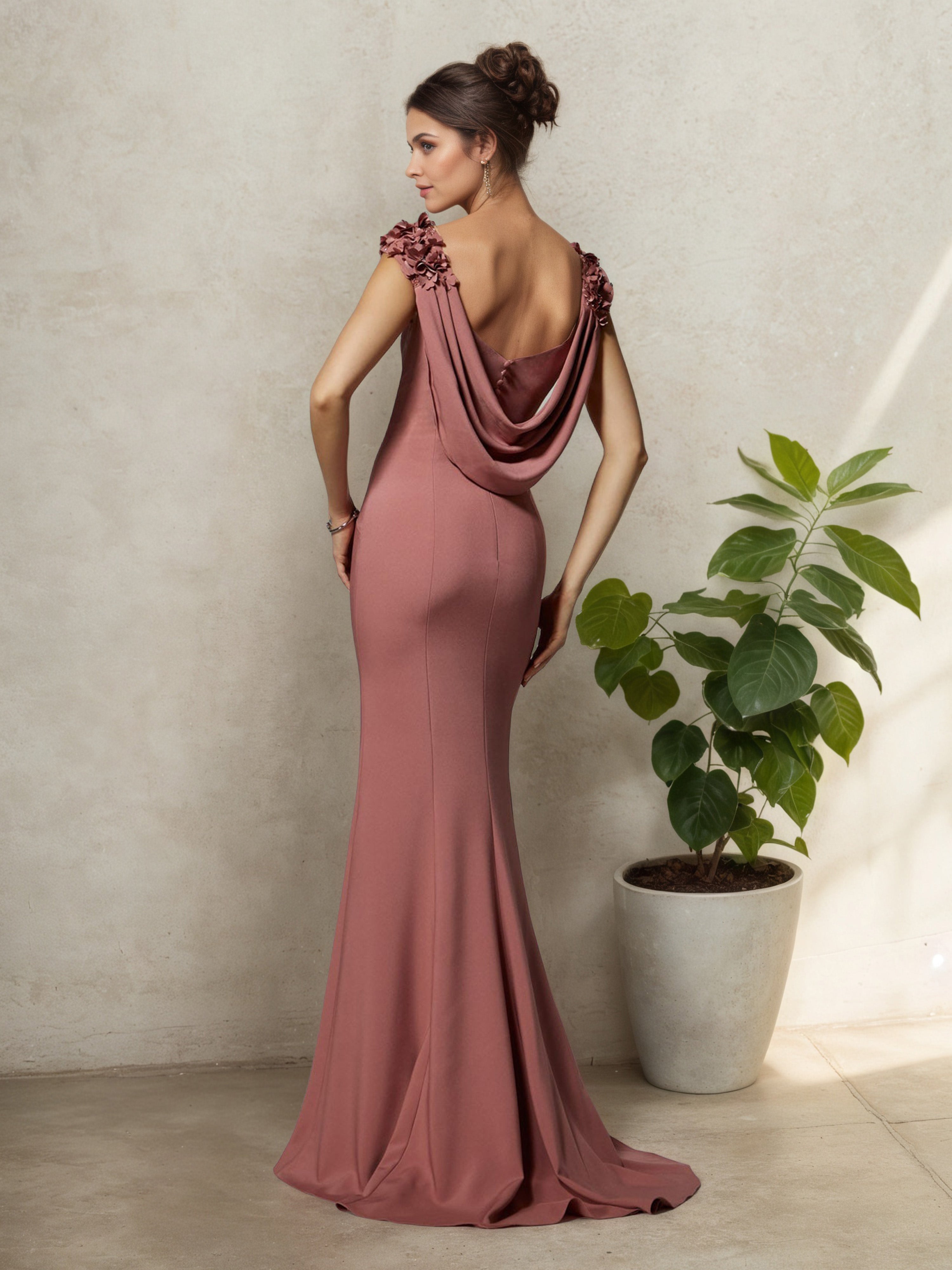 Robe Mère de la Mariée Caméo_Marron Trompette/Sirène à Manches Ballon Fleuries avec Traîne Balayage