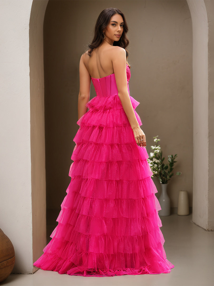 Cicinia Fuchsia Robe de Soirée Longue en Tulle A-Line à Volants Longueur Sol Décolleté Cœur