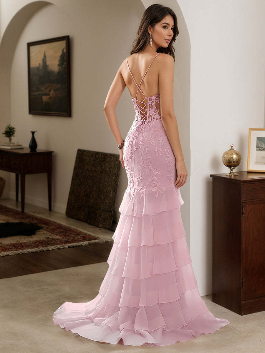 Cicinia Robe de Soirée en Rose Longue Fourreau en Mousseline Appliqués Dentelle à Volants à Bretelles Spaghetti