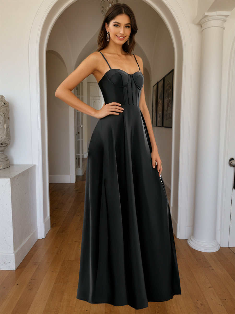 Cicinia Robe de Soirée Noir Longue A-Line en Satin à Bretelles Spaghetti Décolleté Cœur Longueur Sol