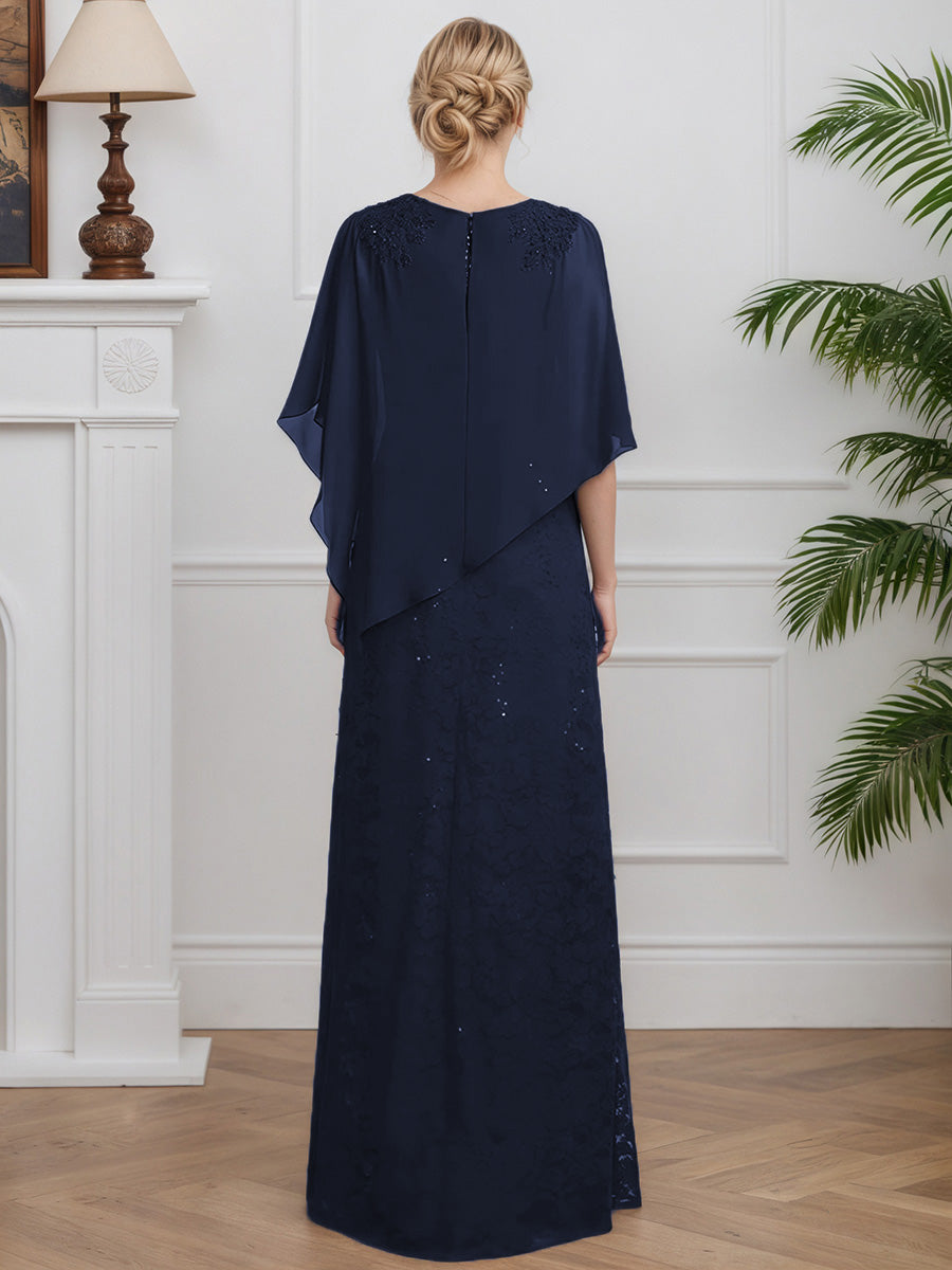 Cicinia Bleu Marine Robe pour Mère de la Mariée Longue en Mousseline et Dentelle Longueur Sol Élégante