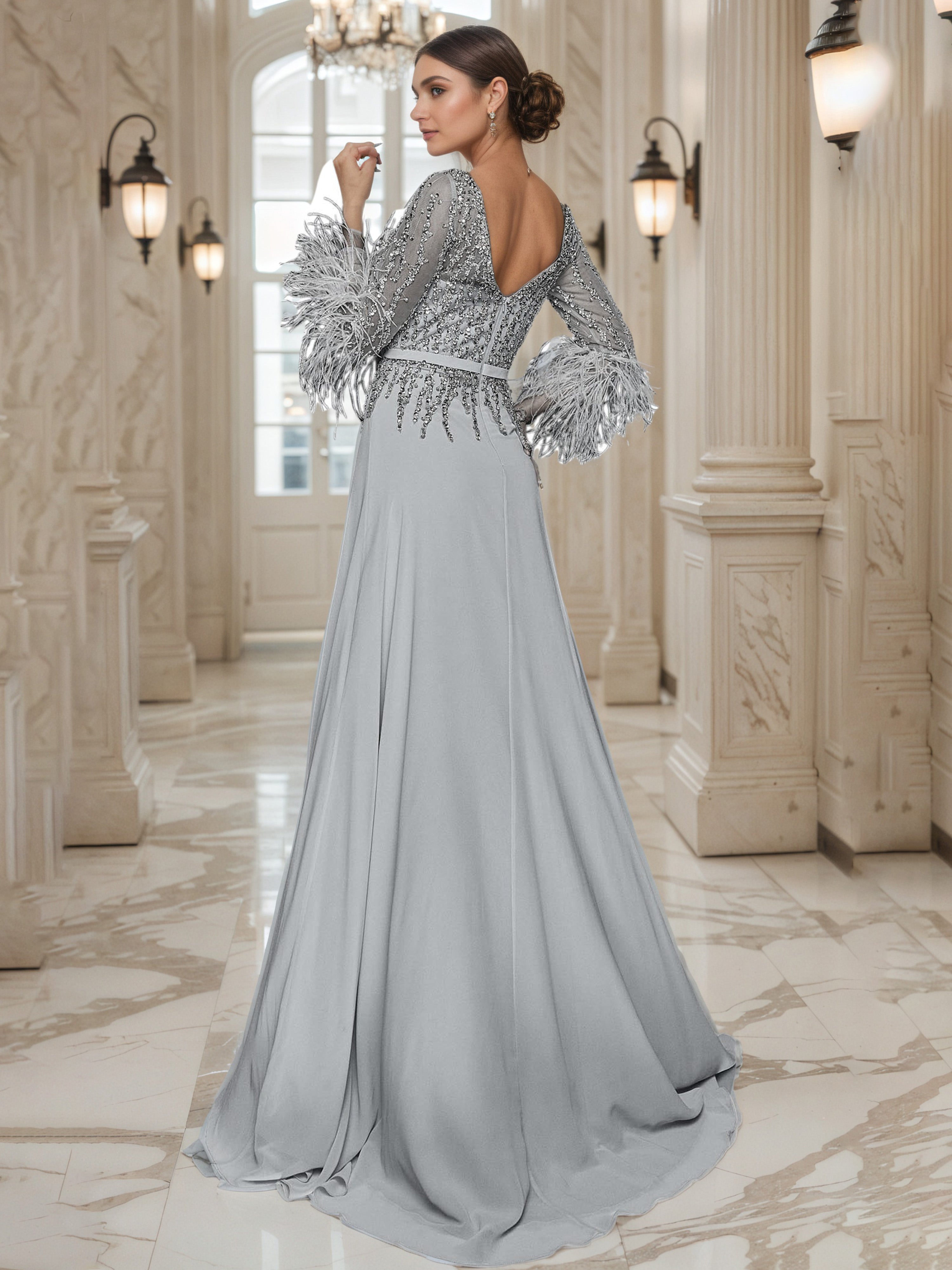 Robe de Soirée ARGENT et Paillettes Col ras du cou Robe Trapèze avec Manches Longues Illusion