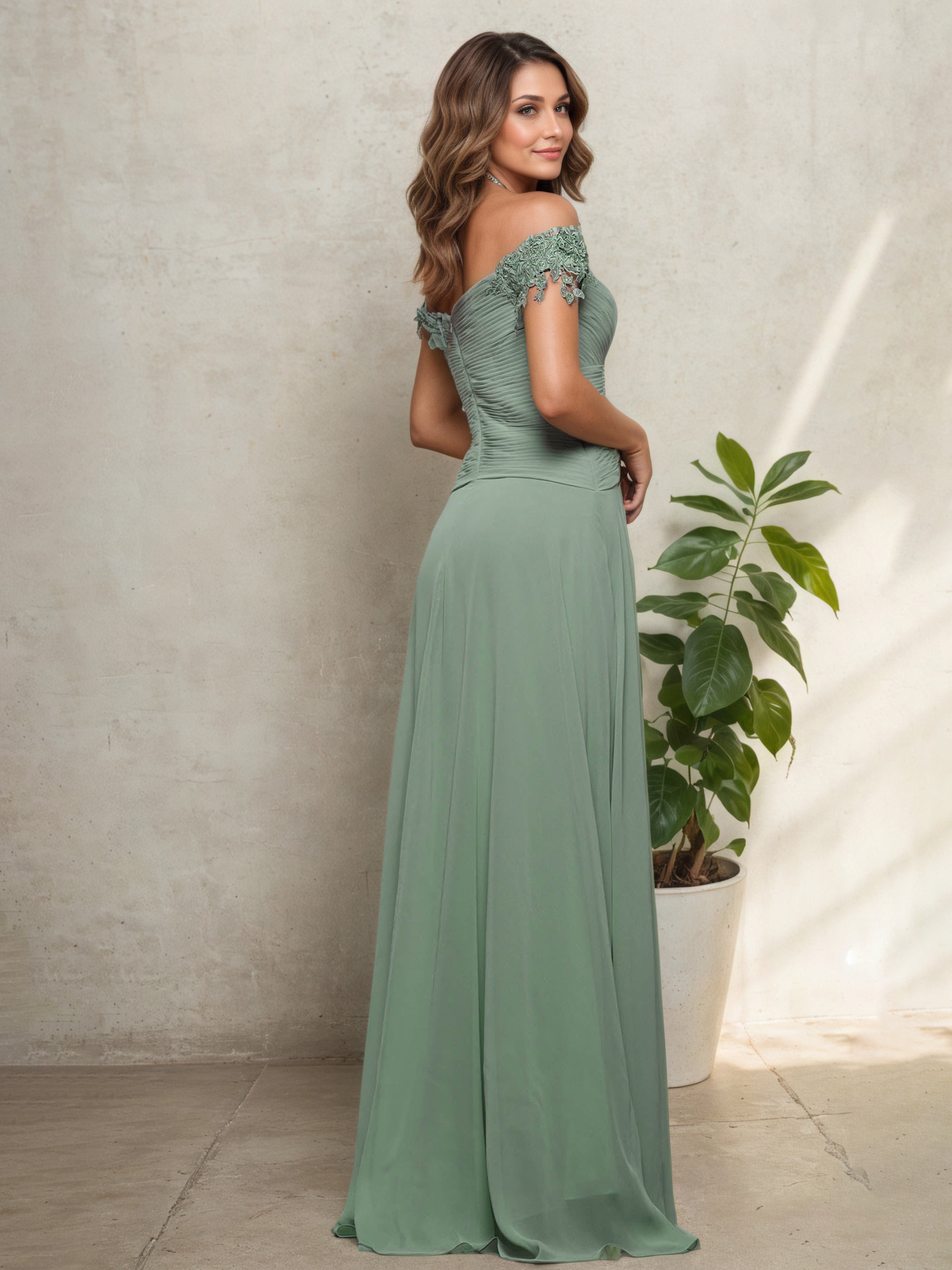 Robe de Cérémonie SAUGE_POUDREE pour Mère de la Mariée Style Épaules Dénudées avec Plissés Élégants