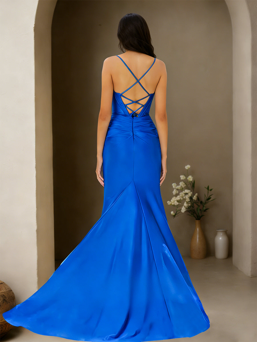 Cicinia Bleu Royal Robe de Soirée Longue en Tissu Extensible Sirène Bretelles Spaghetti Dos Nud