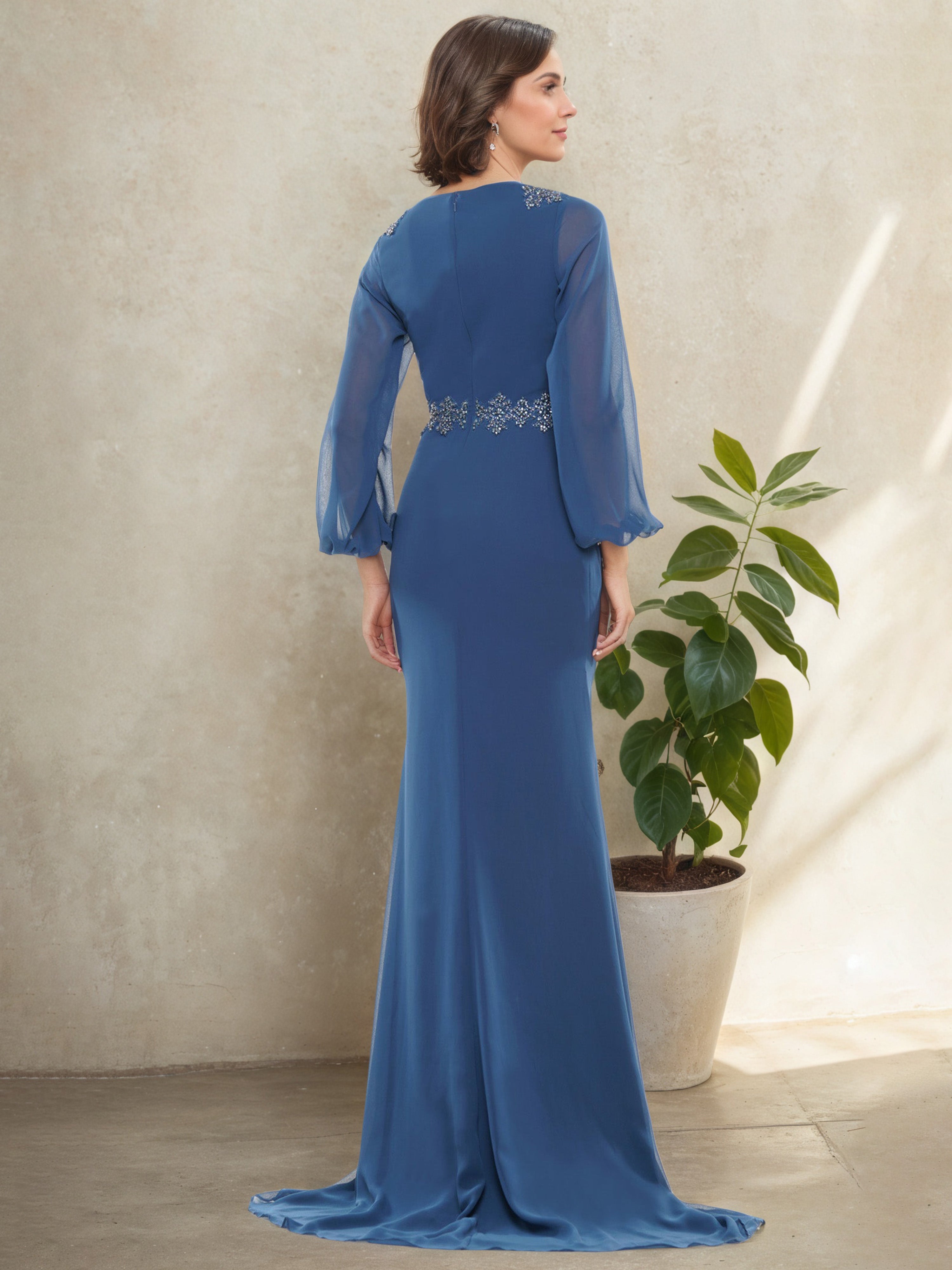 Robe Mère de la Mariée Wedgewood à Décolleté en V Manches Lantern avec Plissés et Broderies de Perles