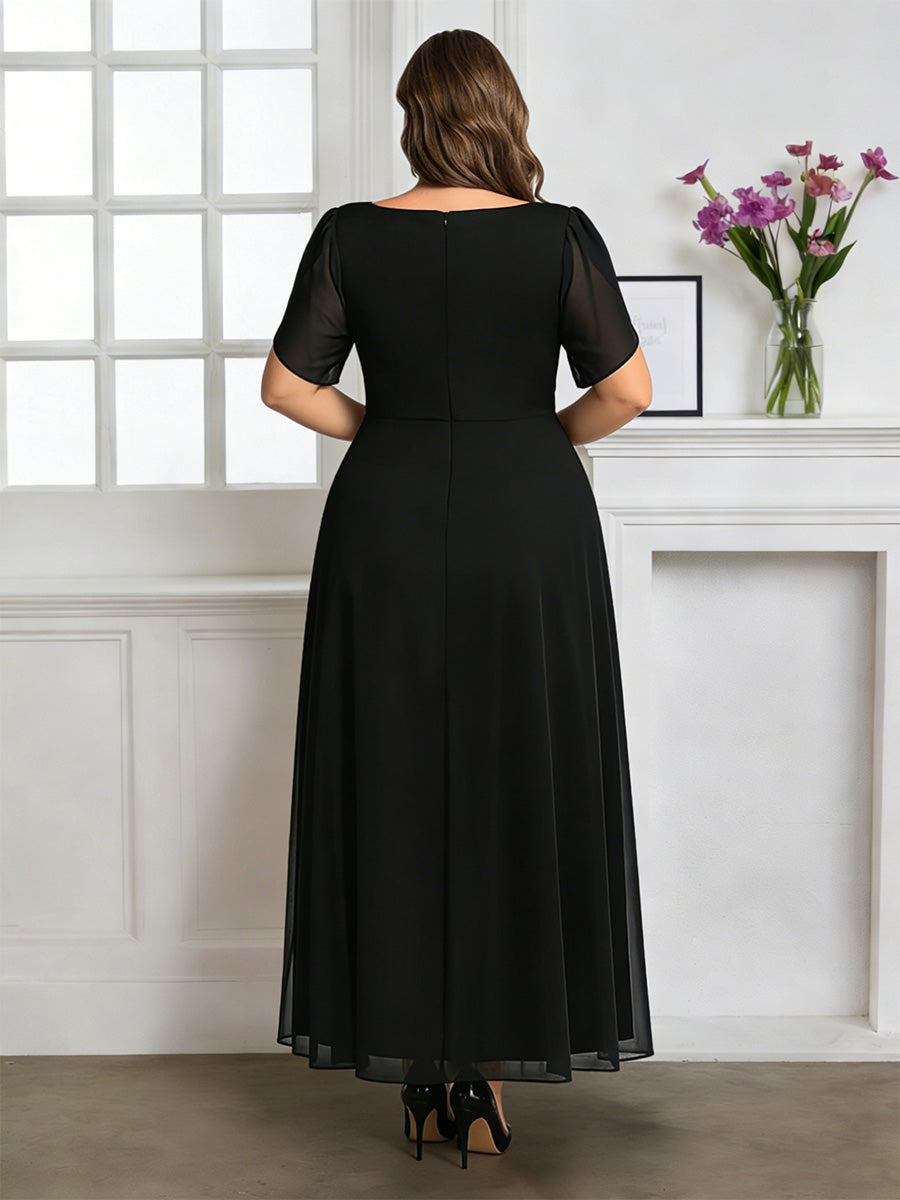 Cicinia Robe pour Mère de la Mariée Noir Longue A-Line en Mousseline Manches Courtes Décolleté en V Longueur Cheville Grande Taille