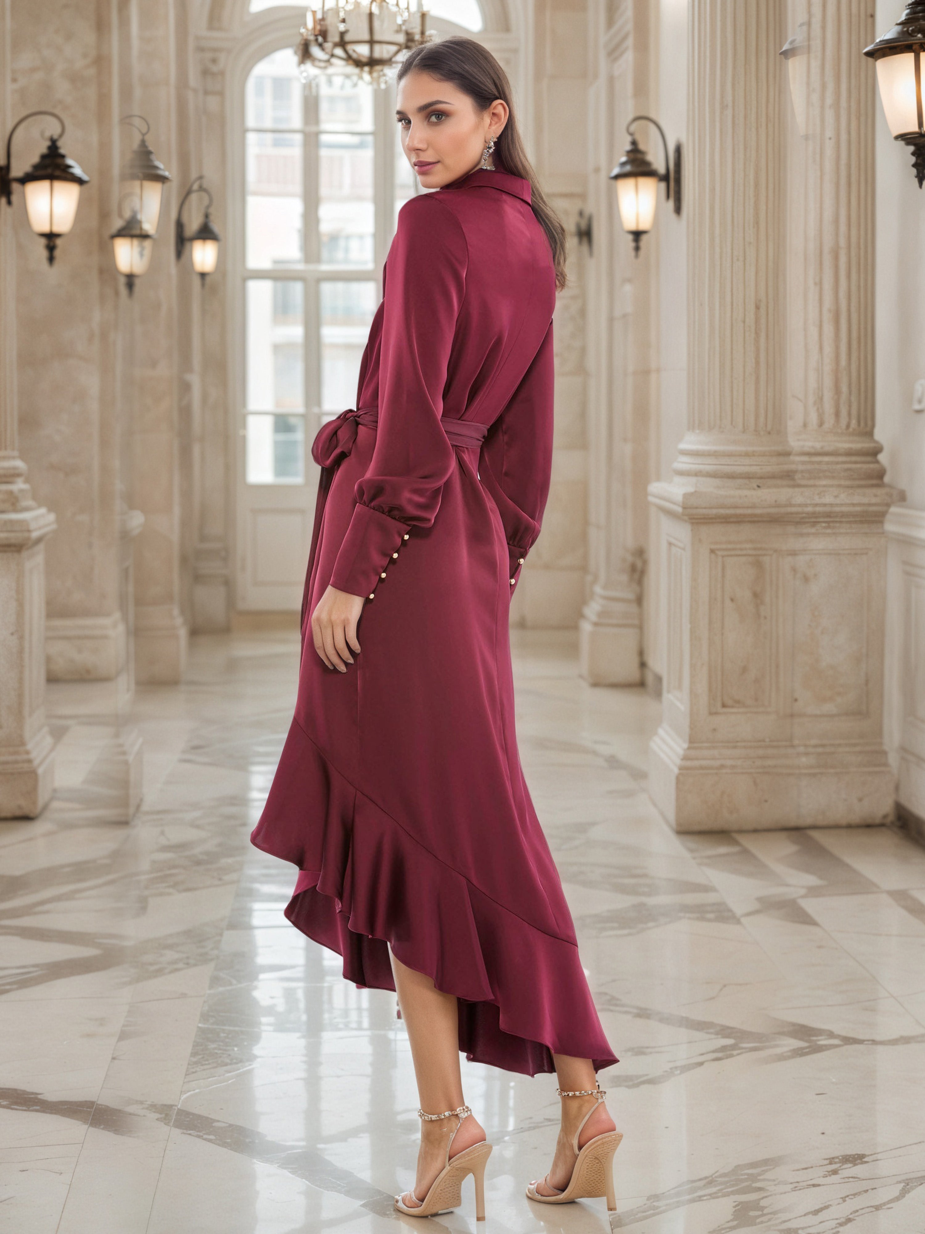 Robe de Soirée BORDEAUX Mi-longue Robe Avec Décolleté en V  Manches Longues Volants Asymétriques